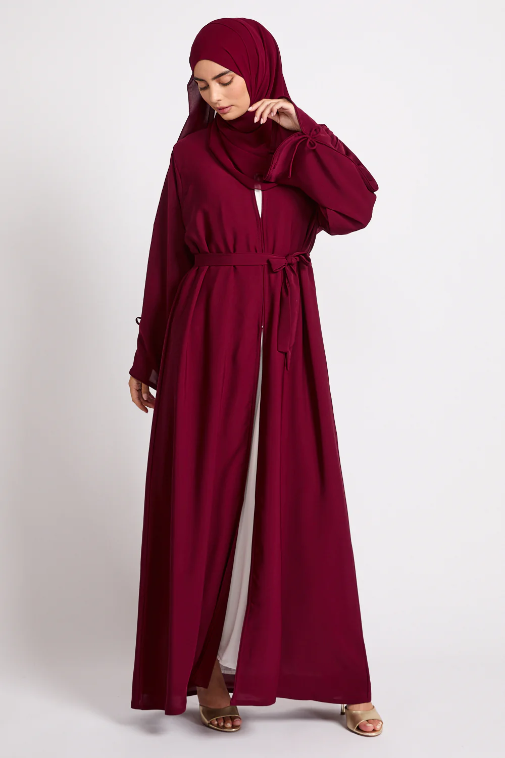Premium Signature Bow Cuff Open Abaya - Pomegranate Noir