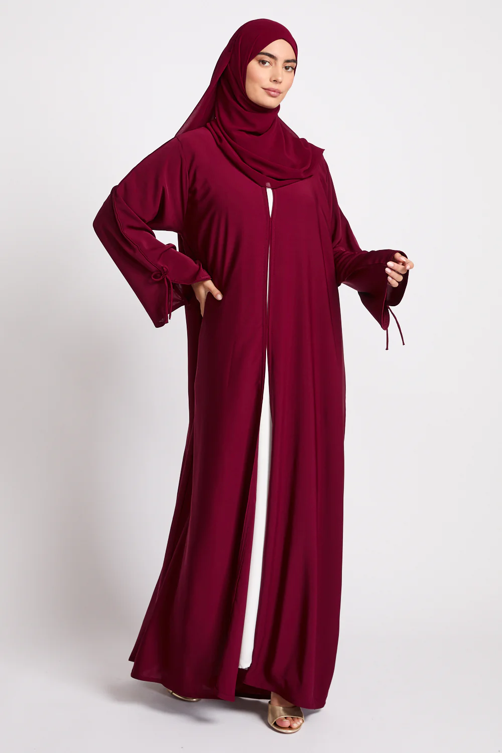 Premium Signature Bow Cuff Open Abaya - Pomegranate Noir - Image 10
