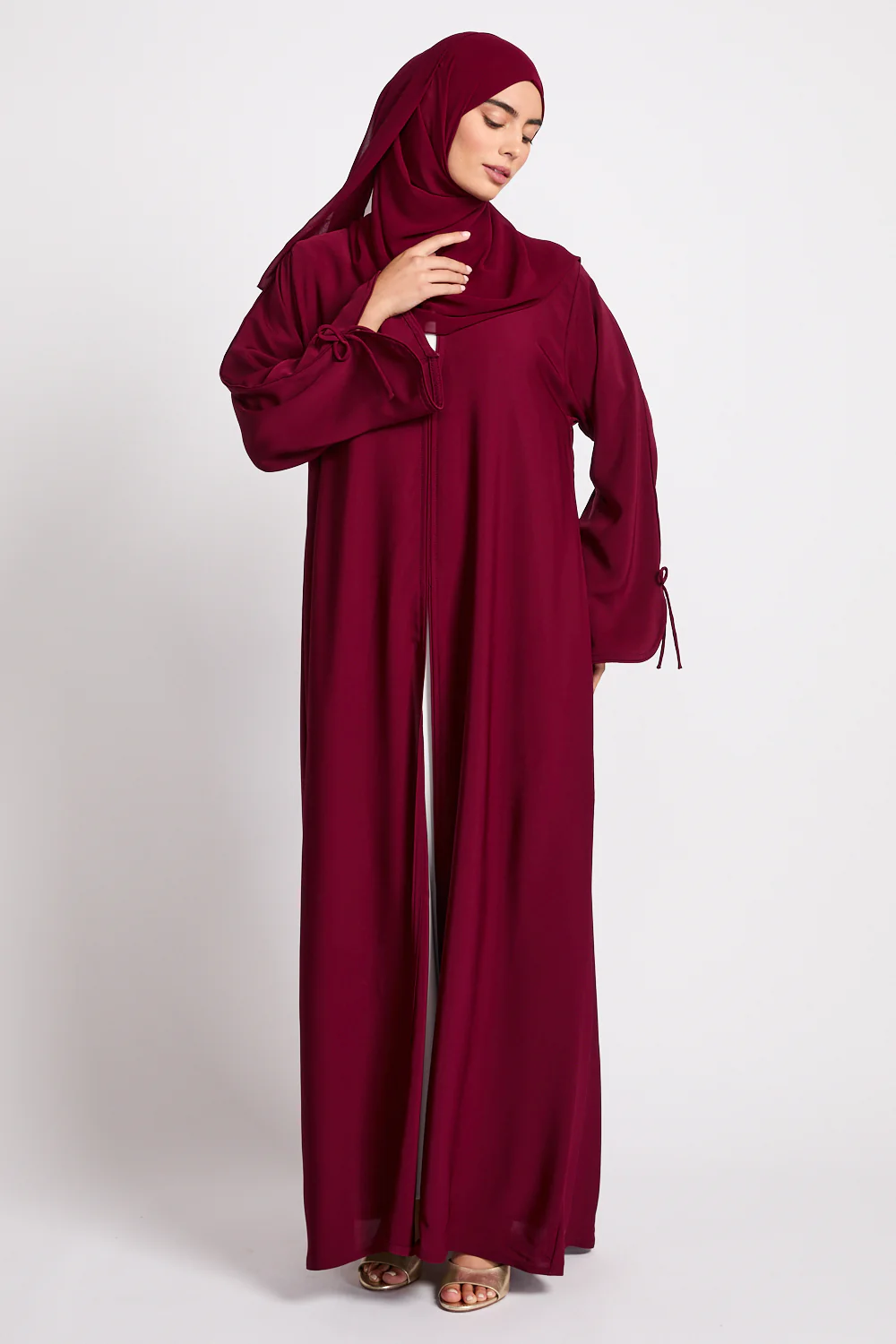 Premium Signature Bow Cuff Open Abaya - Pomegranate Noir - Image 11