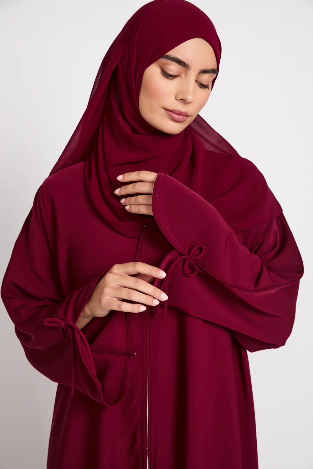 Premium Signature Bow Cuff Open Abaya - Pomegranate Noir - Image 2