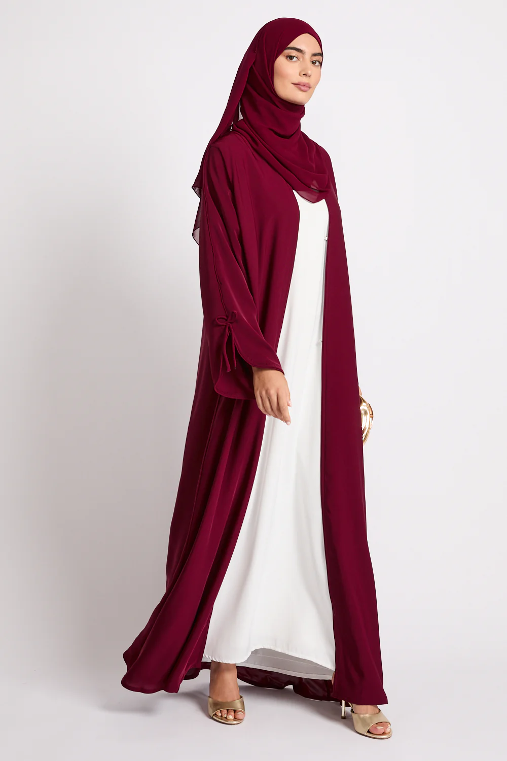 Premium Signature Bow Cuff Open Abaya - Pomegranate Noir - Image 3