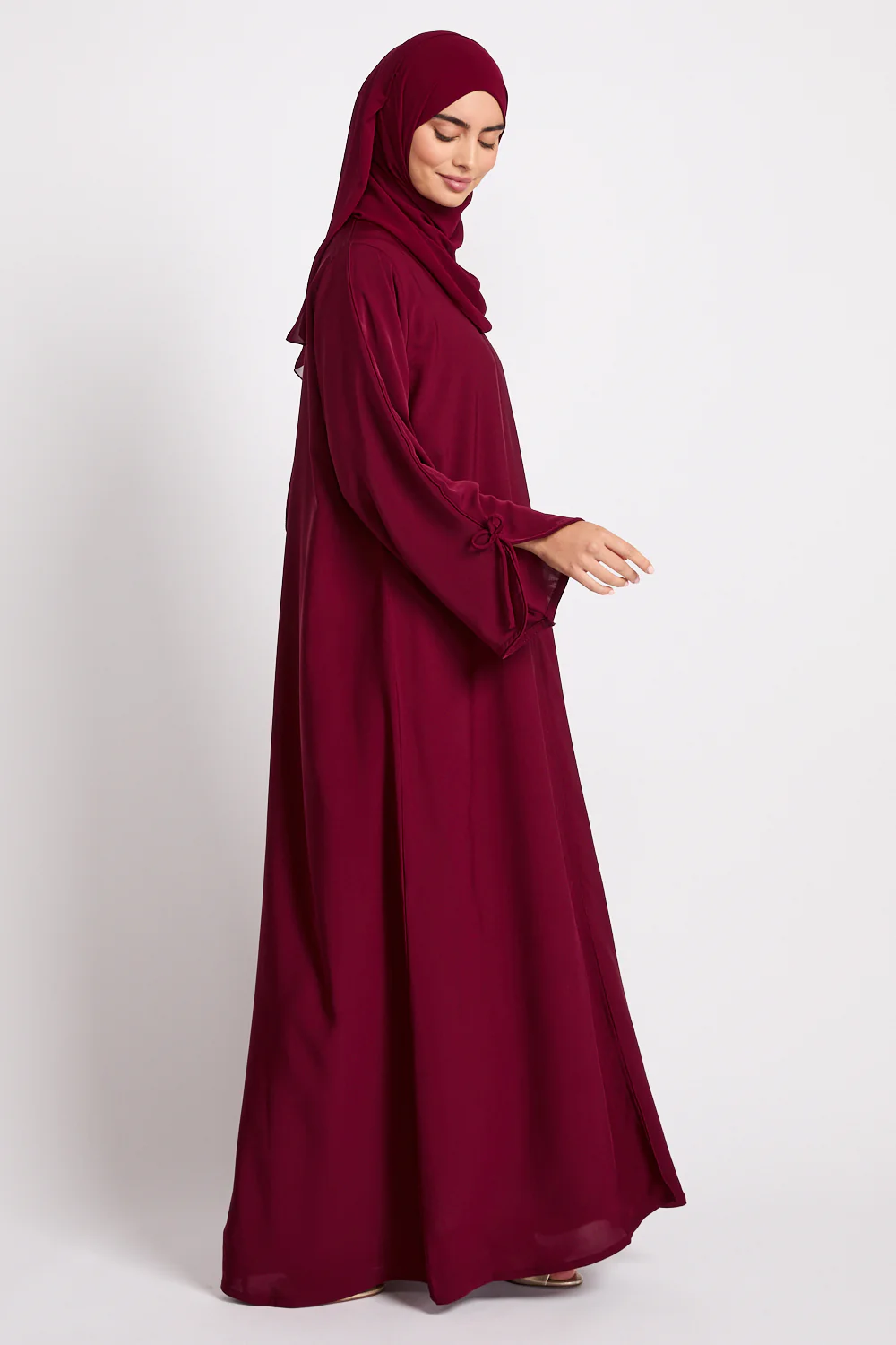 Premium Signature Bow Cuff Open Abaya - Pomegranate Noir - Image 4