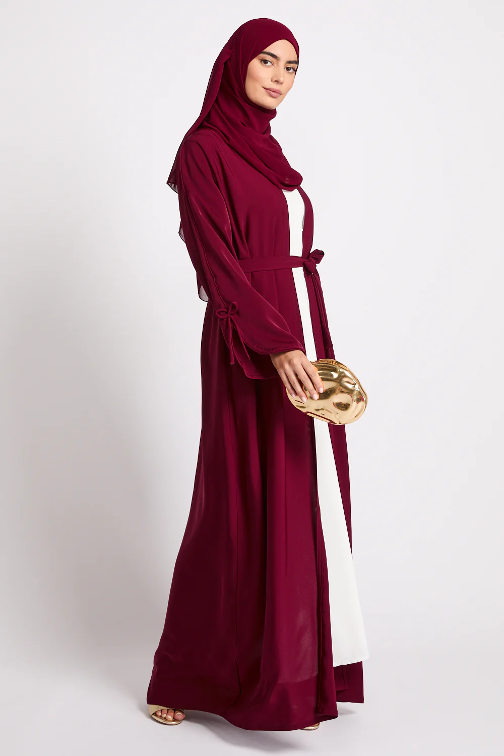 Premium Signature Bow Cuff Open Abaya - Pomegranate Noir - Image 5