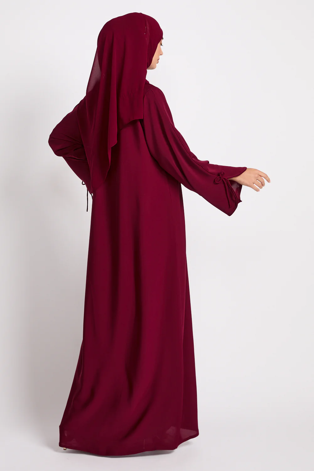 Premium Signature Bow Cuff Open Abaya - Pomegranate Noir - Image 6