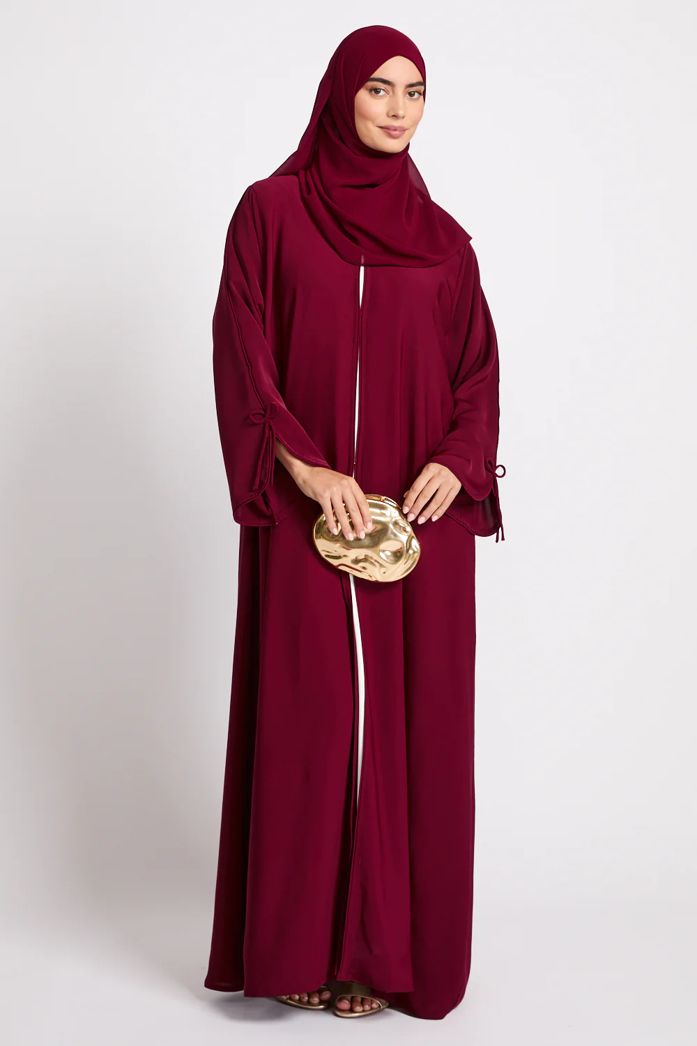 Premium Signature Bow Cuff Open Abaya - Pomegranate Noir - Image 7