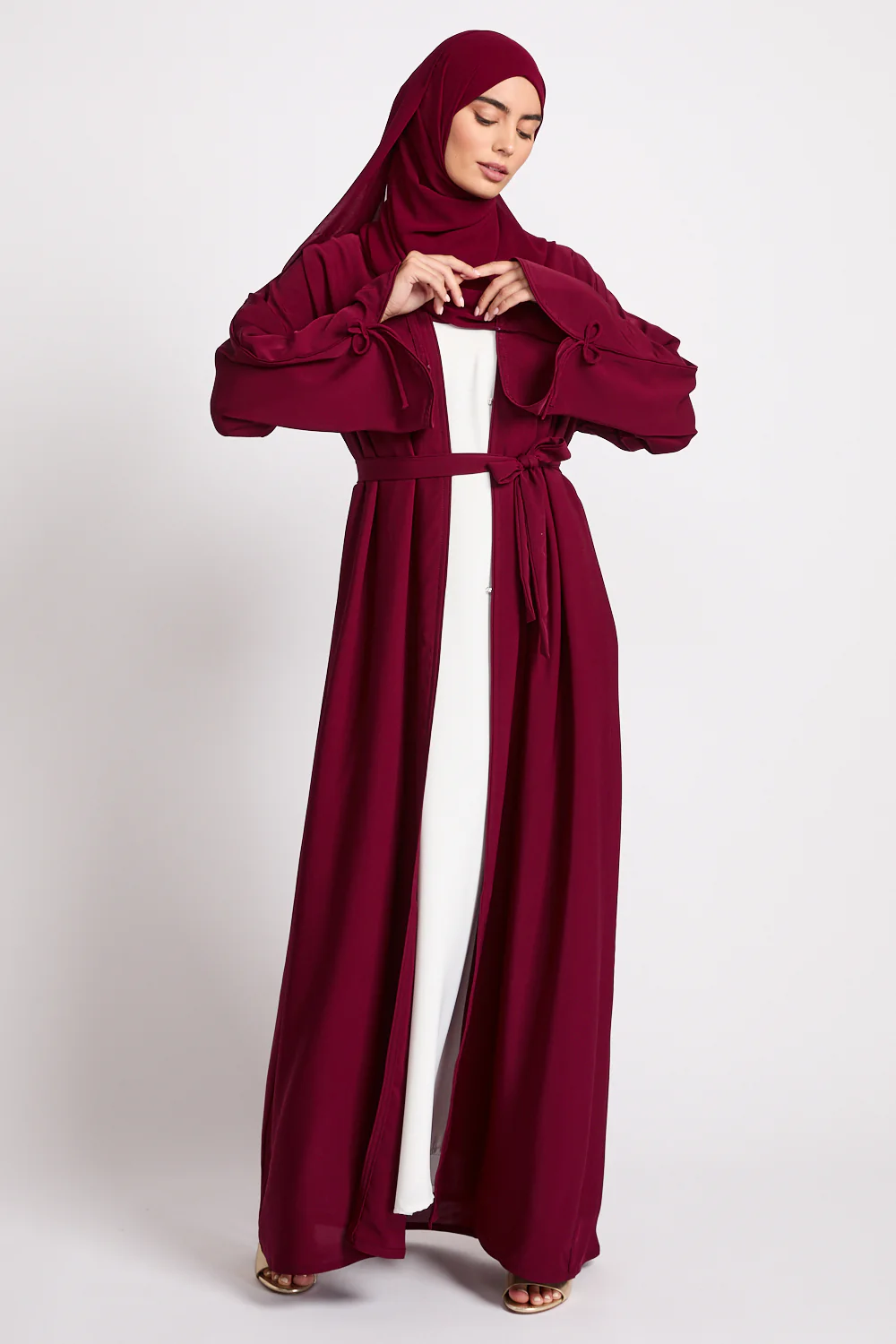 Premium Signature Bow Cuff Open Abaya - Pomegranate Noir - Image 8