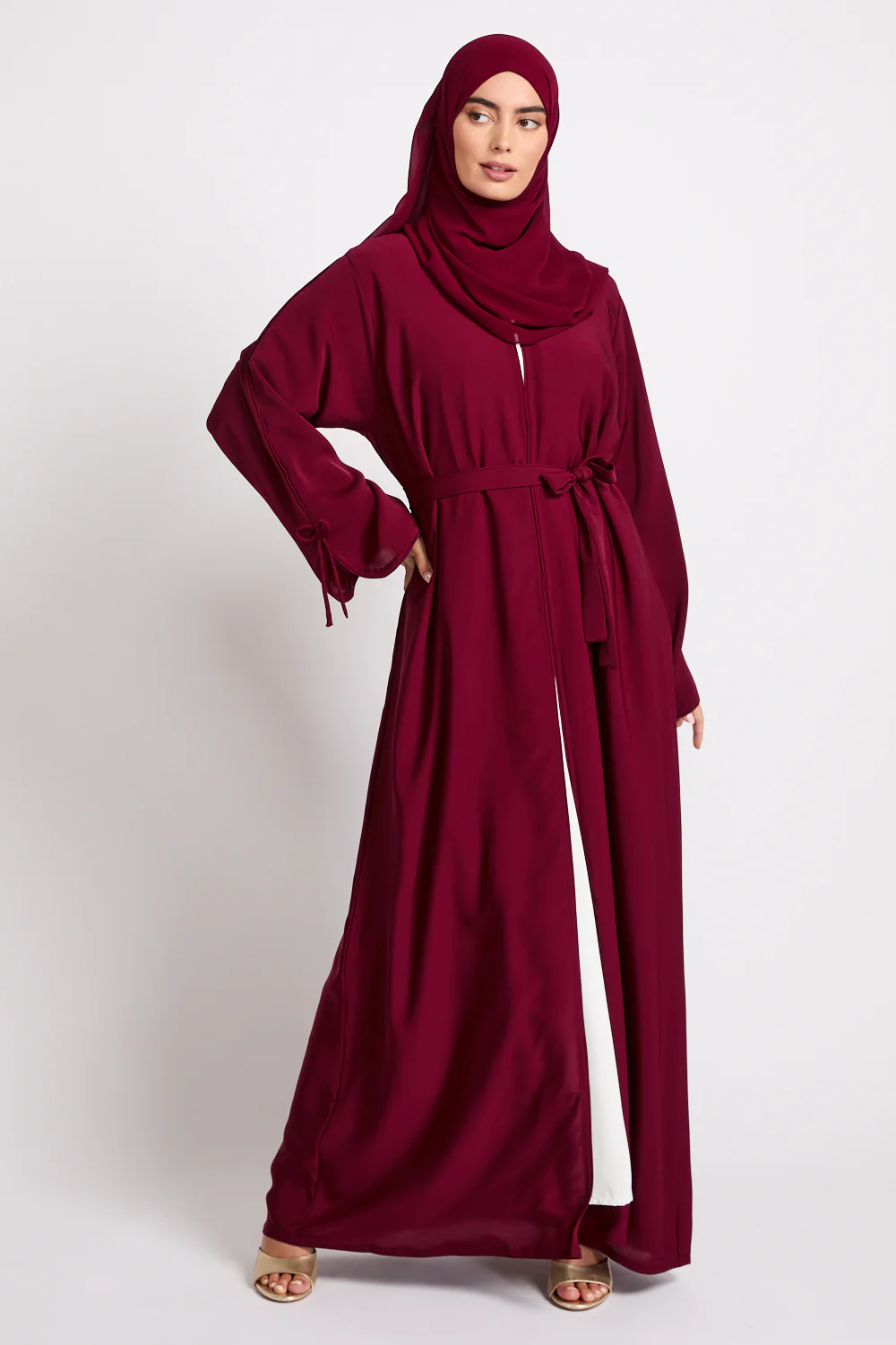 Premium Signature Bow Cuff Open Abaya - Pomegranate Noir - Image 9