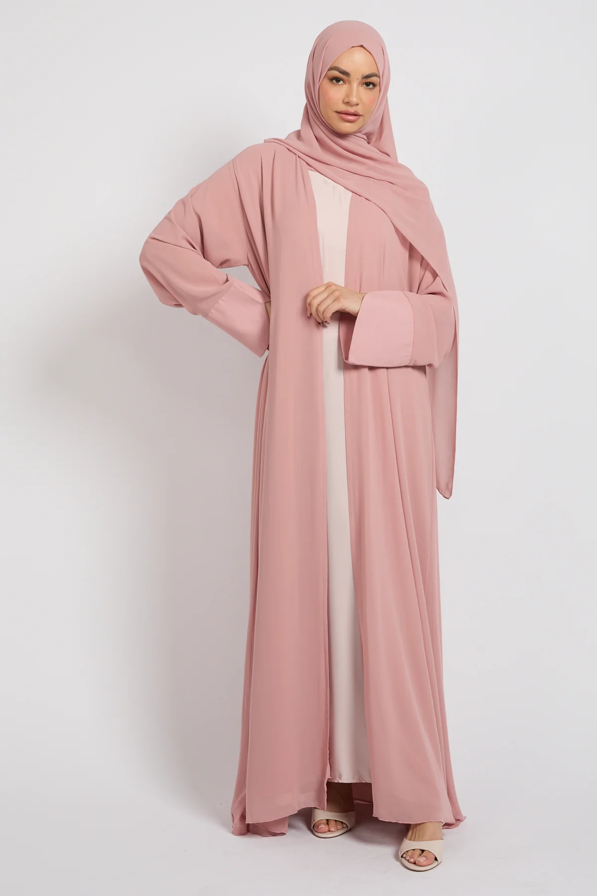 Premium Signature Cuff Chiffon Open Abaya - Blush - Image 4