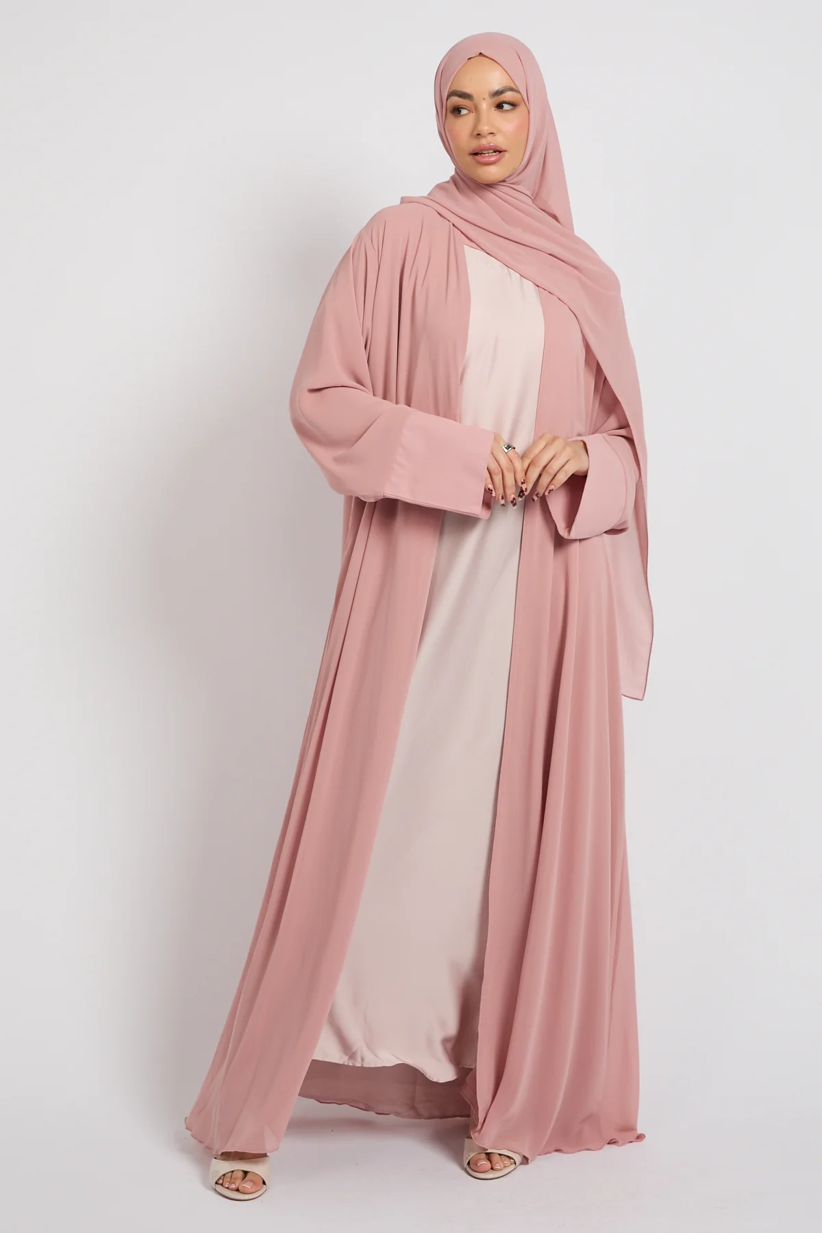 Premium Signature Cuff Chiffon Open Abaya - Blush - Image 6