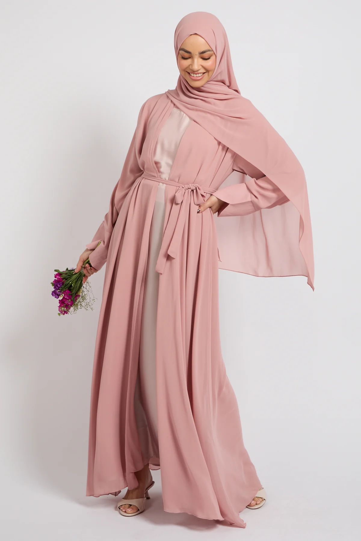 Premium Signature Cuff Chiffon Open Abaya - Blush - Image 7