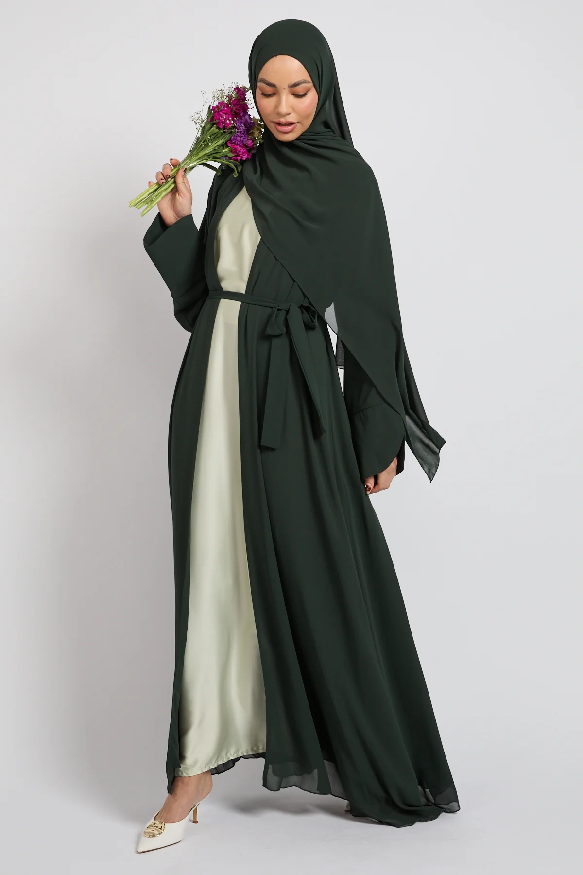 Premium Signature Cuff Chiffon Open Abaya - Deep Forest