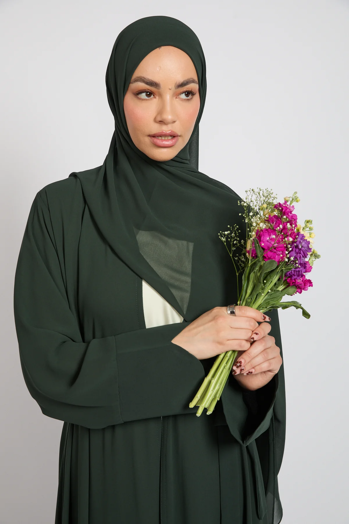 Premium Signature Cuff Chiffon Open Abaya - Deep Forest - Image 2