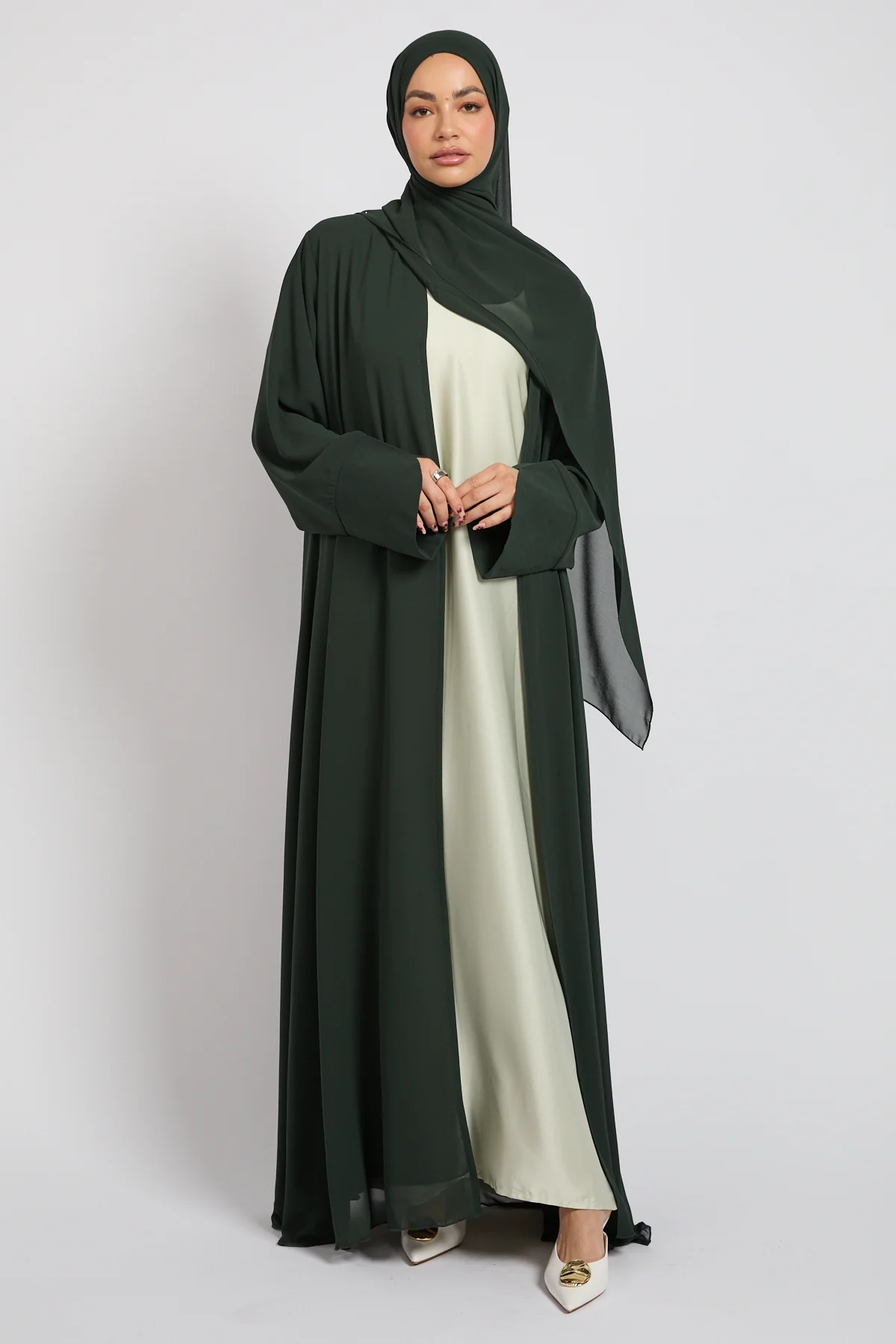 Premium Signature Cuff Chiffon Open Abaya - Deep Forest - Image 3