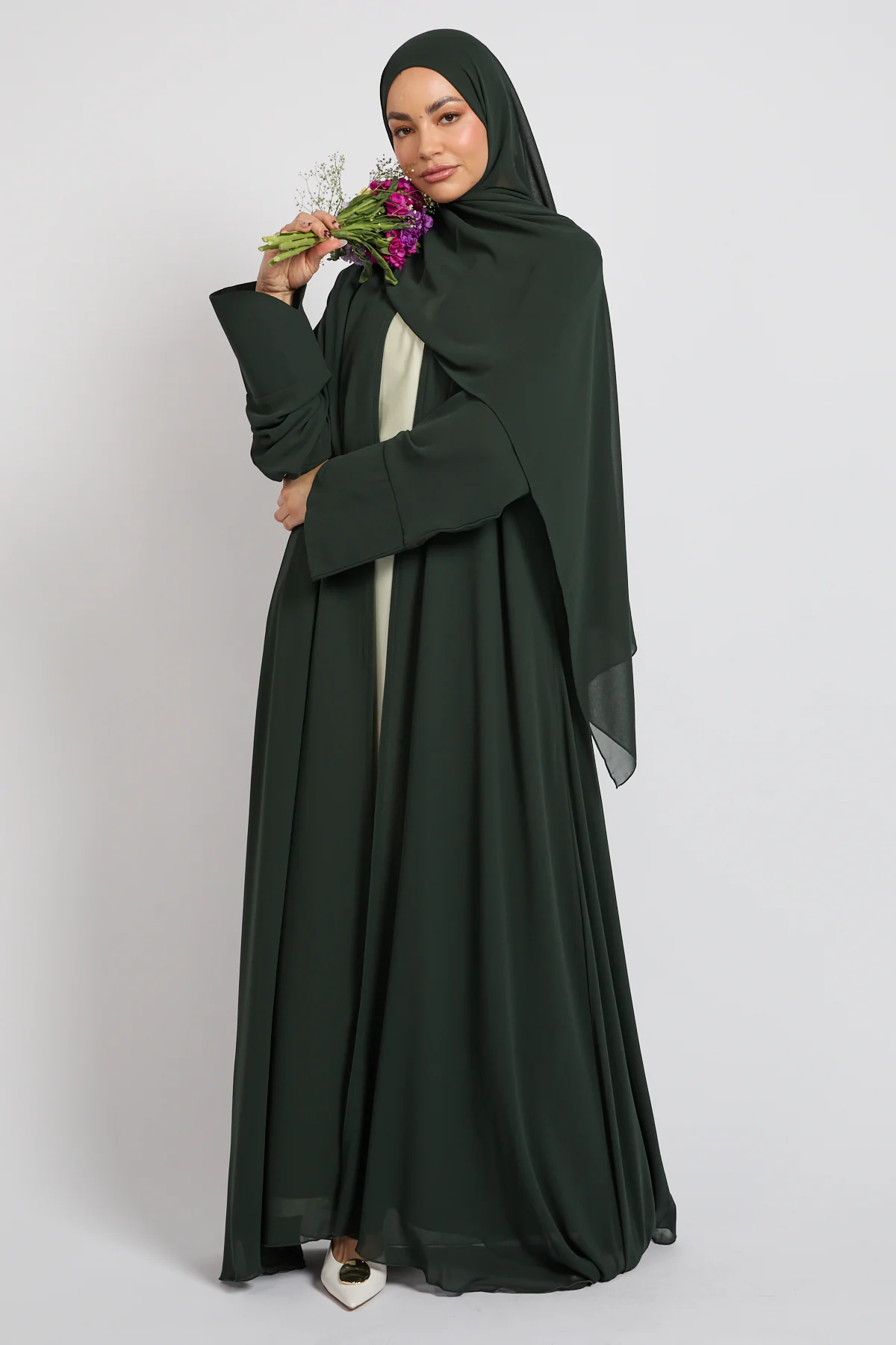 Premium Signature Cuff Chiffon Open Abaya - Deep Forest - Image 4