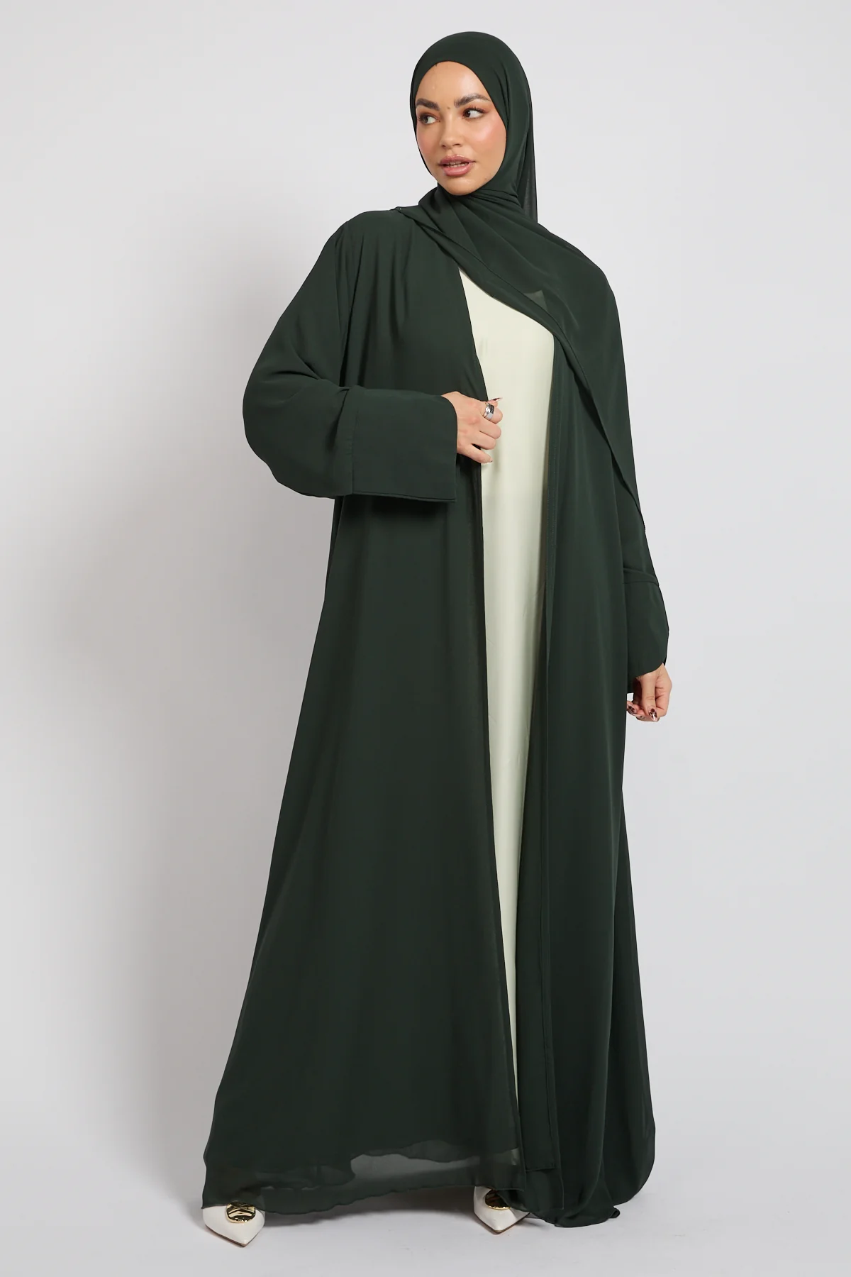 Premium Signature Cuff Chiffon Open Abaya - Deep Forest - Image 5