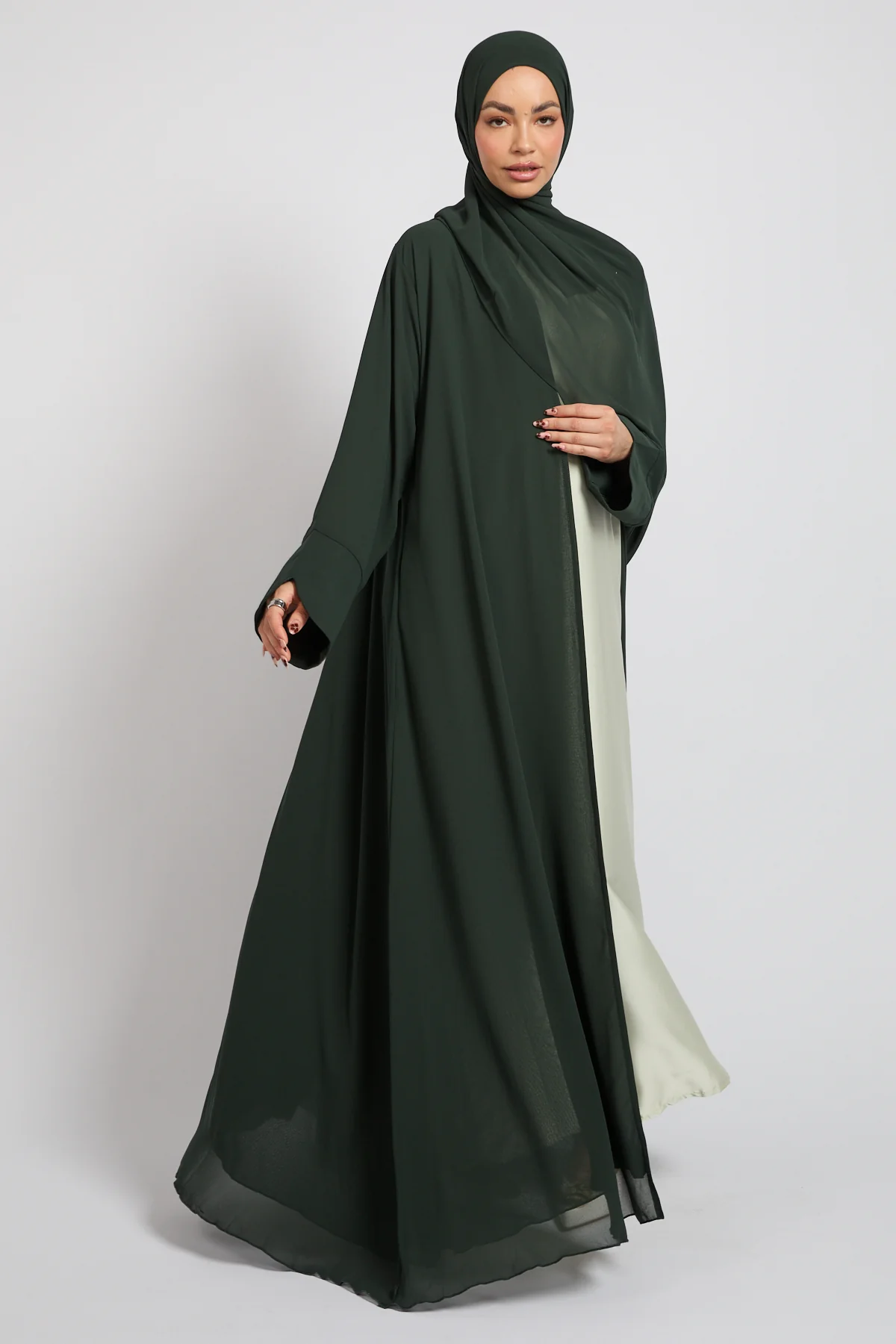 Premium Signature Cuff Chiffon Open Abaya - Deep Forest - Image 6