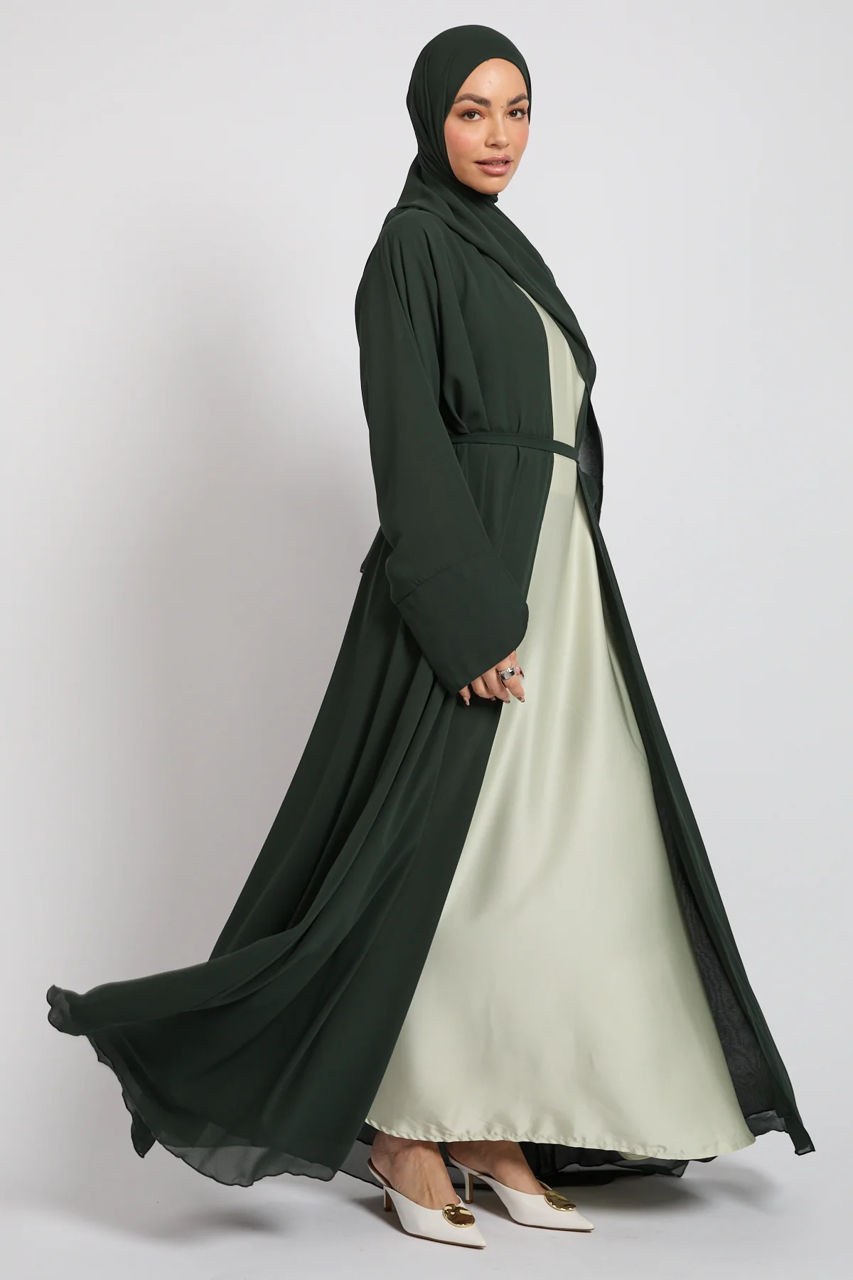 Premium Signature Cuff Chiffon Open Abaya - Deep Forest - Image 7