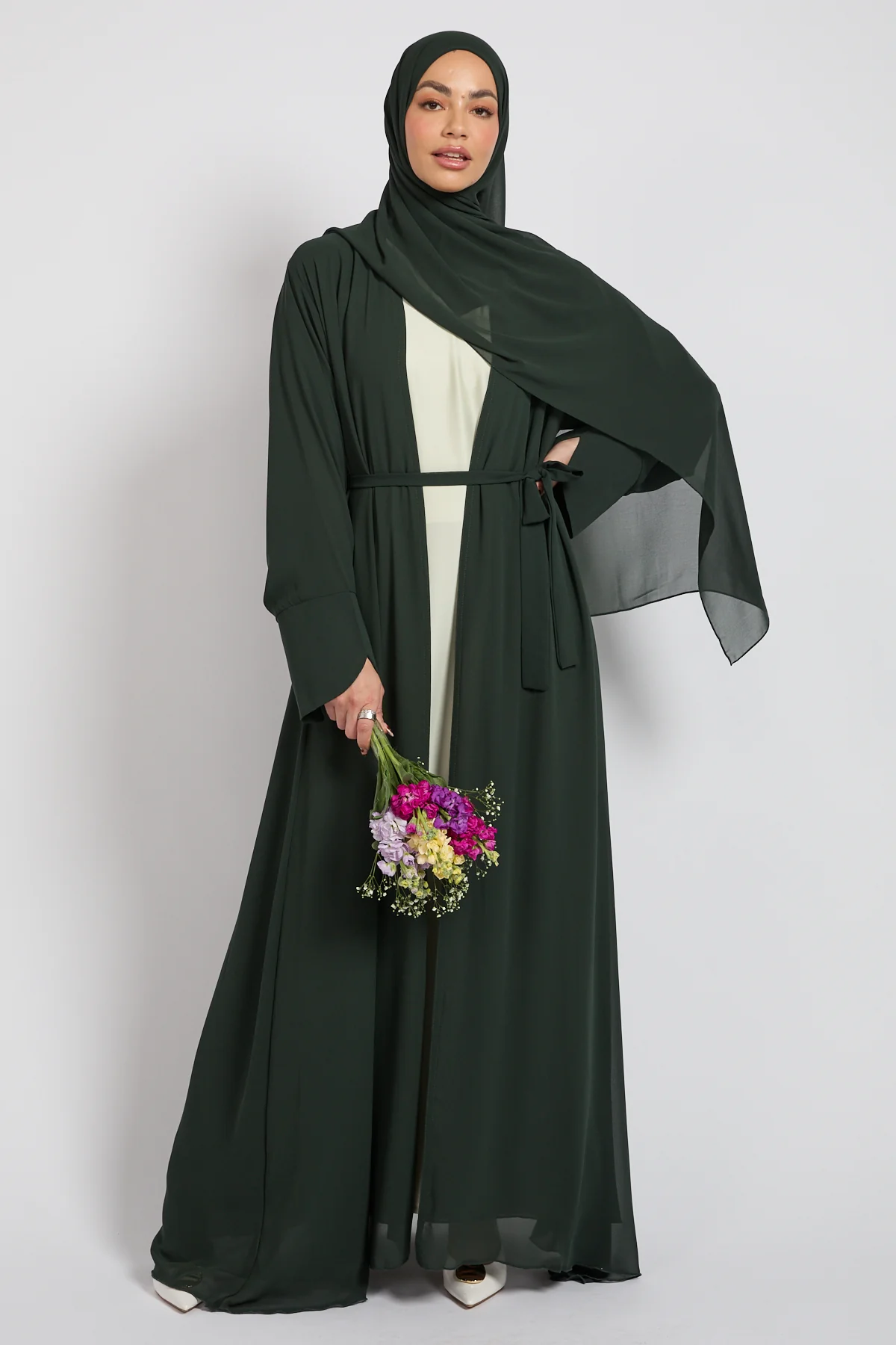 Premium Signature Cuff Chiffon Open Abaya - Deep Forest - Image 8