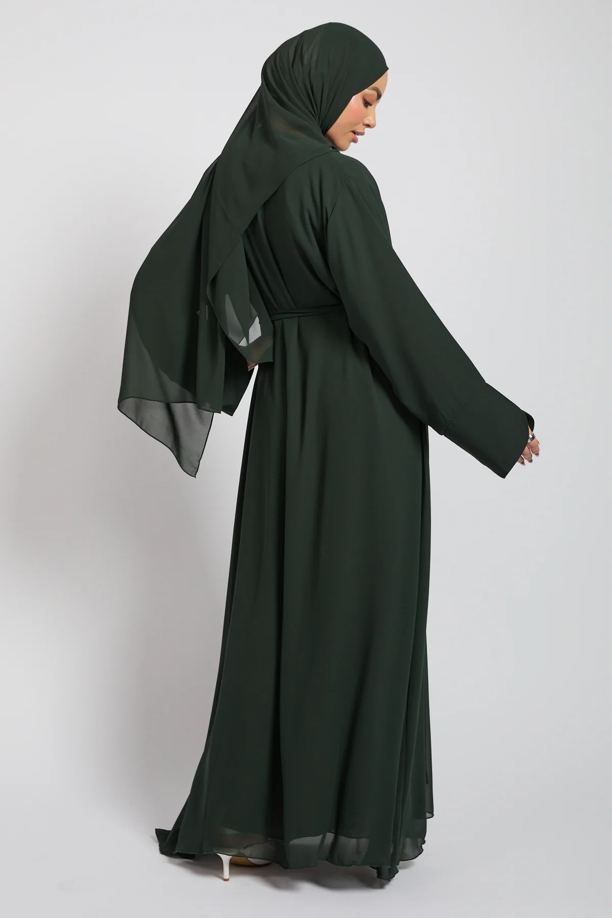 Premium Signature Cuff Chiffon Open Abaya - Deep Forest - Image 9