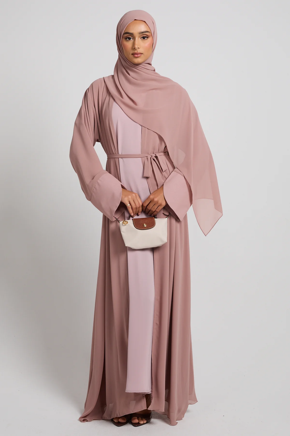 Premium Signature Cuff Chiffon Open Abaya - Dusty Rose - Image 3