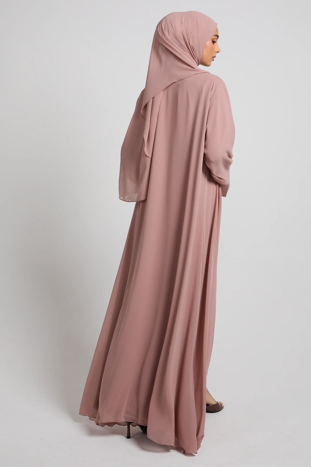 Premium Signature Cuff Chiffon Open Abaya - Dusty Rose - Image 4