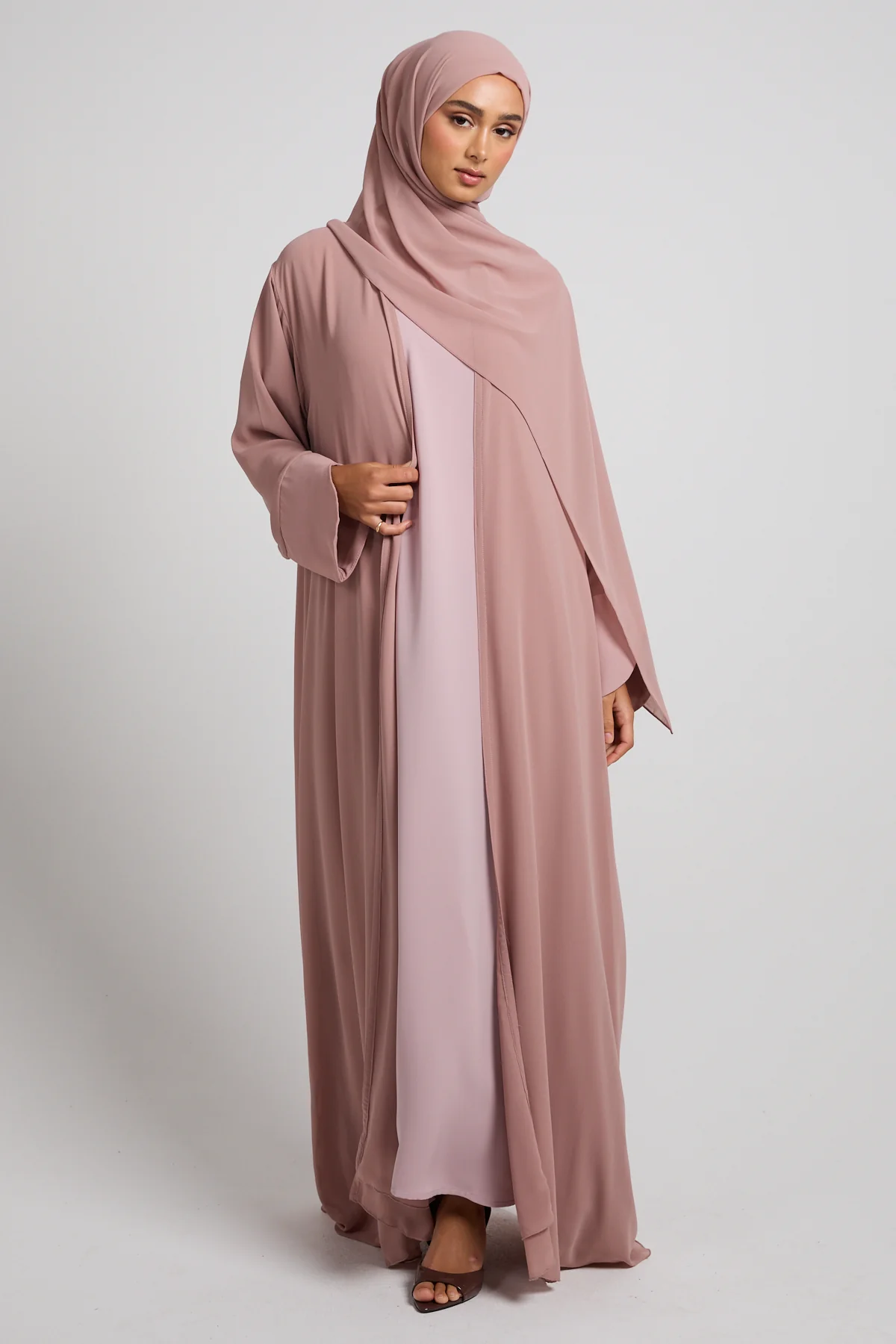 Premium Signature Cuff Chiffon Open Abaya - Dusty Rose - Image 5