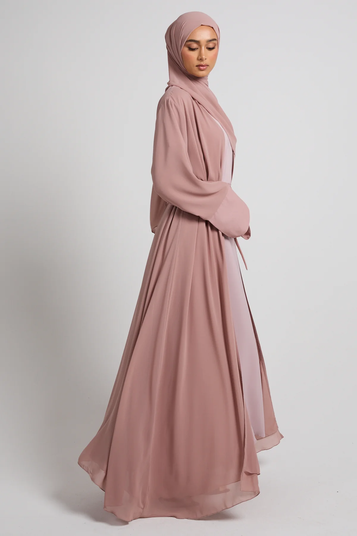 Premium Signature Cuff Chiffon Open Abaya - Dusty Rose - Image 6