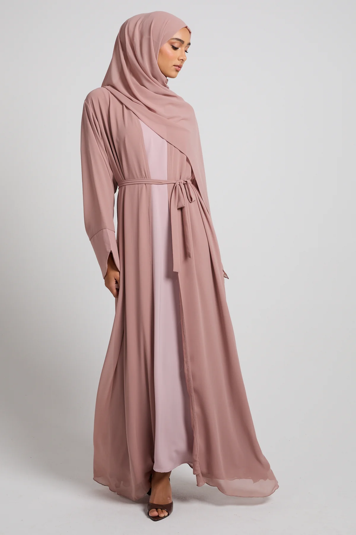 Premium Signature Cuff Chiffon Open Abaya - Dusty Rose - Image 7