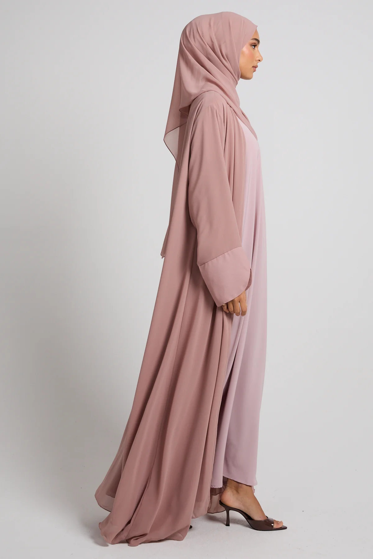 Premium Signature Cuff Chiffon Open Abaya - Dusty Rose - Image 8