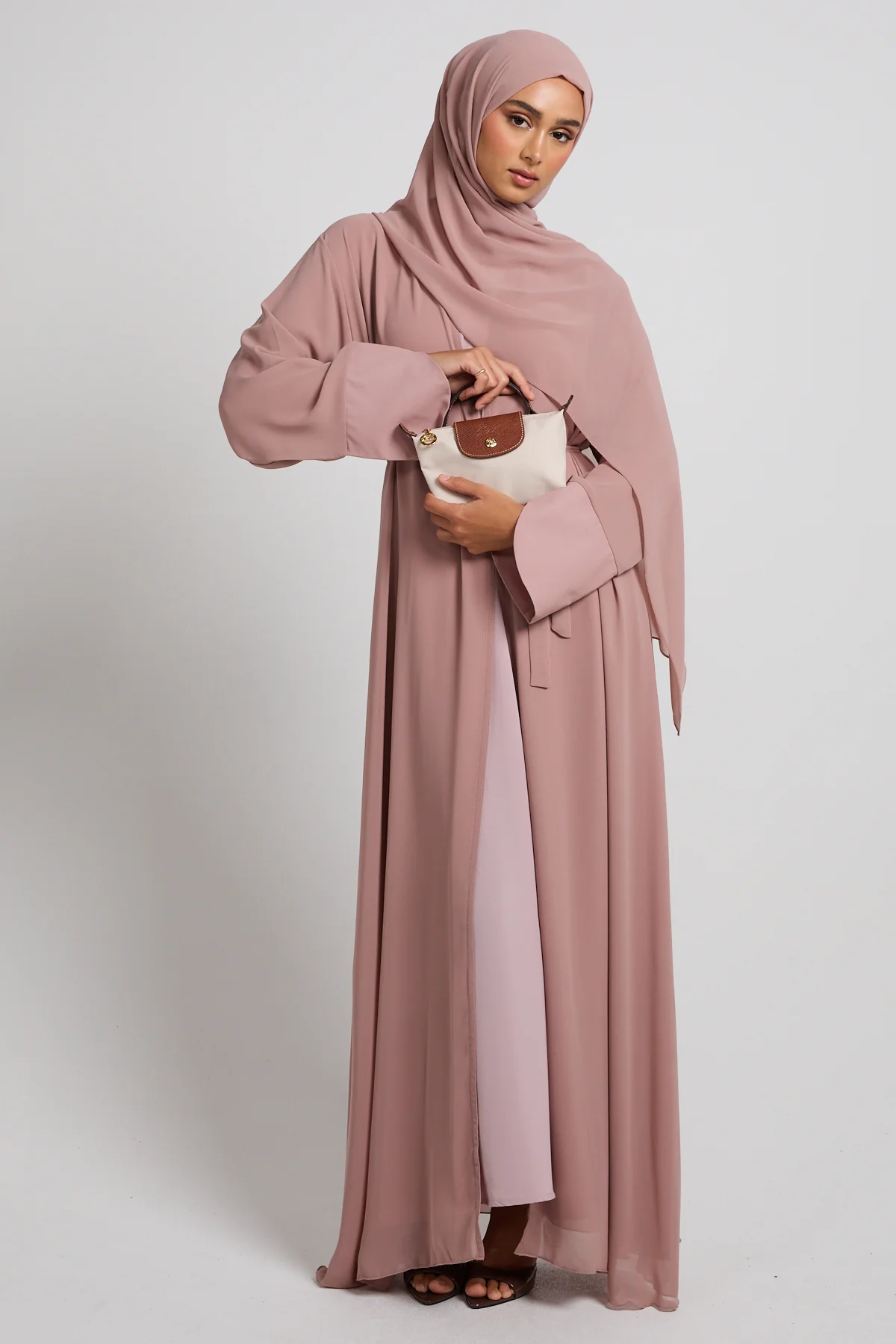 Premium Signature Cuff Chiffon Open Abaya - Dusty Rose - Image 9