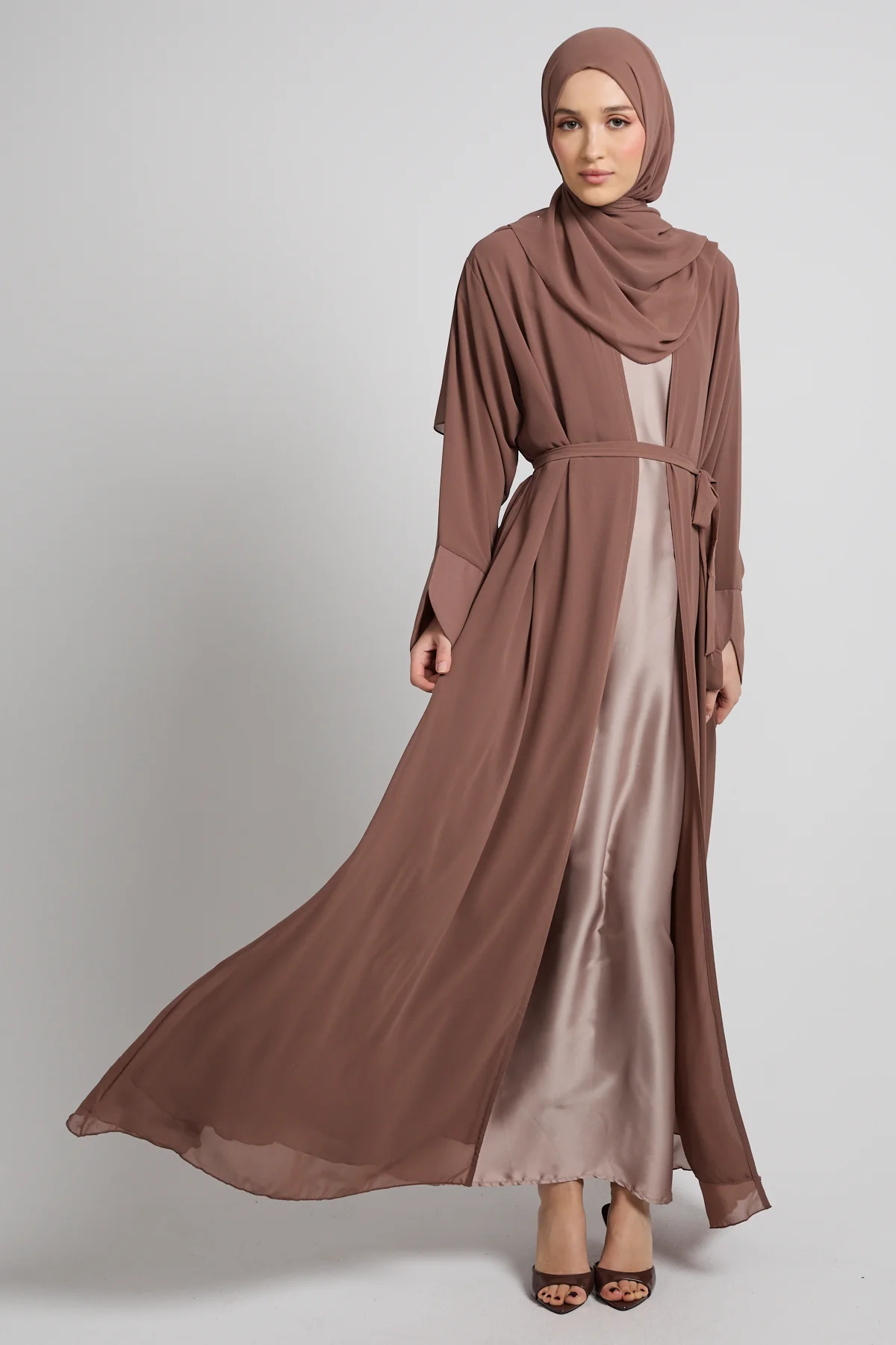 Premium Signature Cuff Chiffon Open Abaya - Mocha Taupe