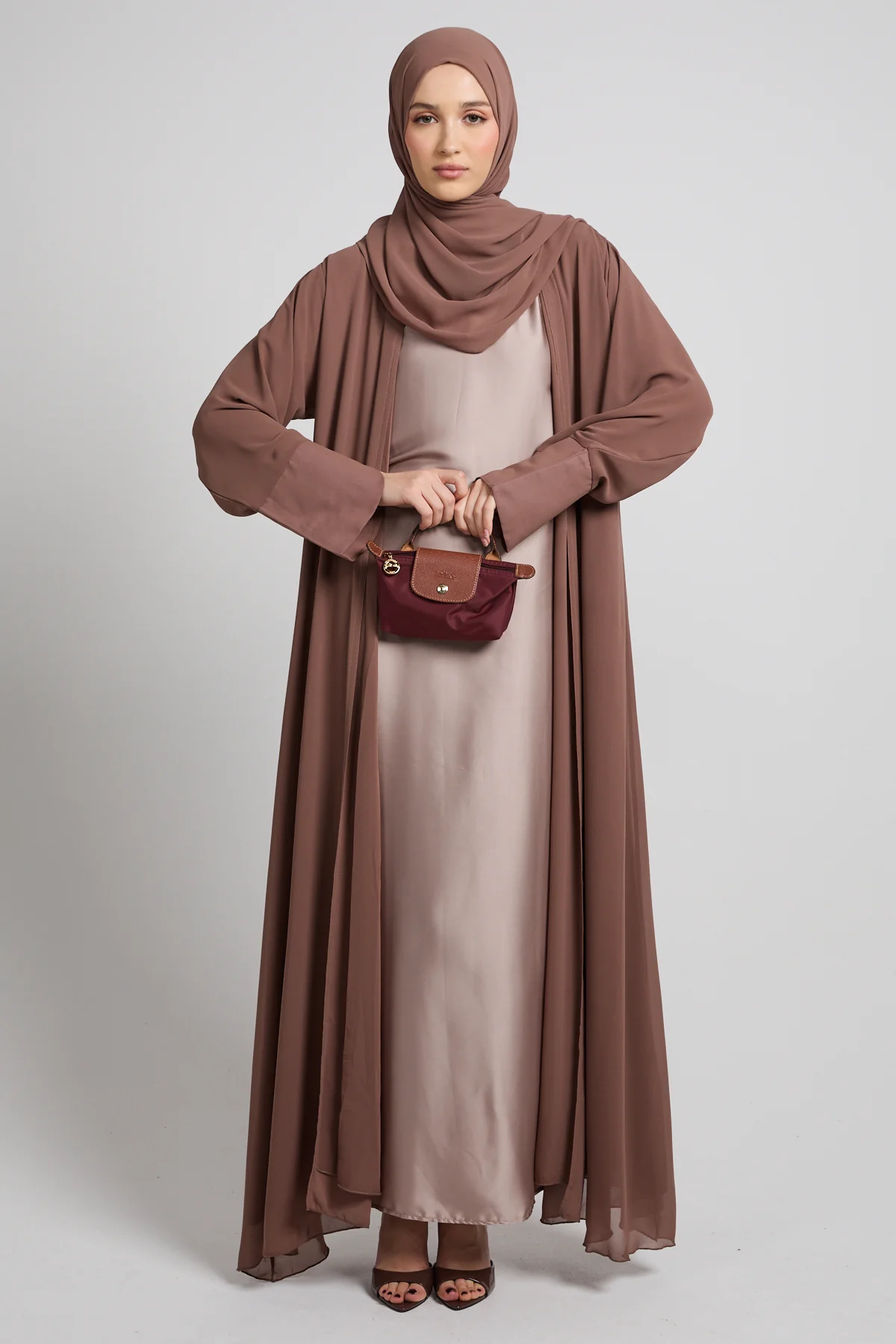 Premium Signature Cuff Chiffon Open Abaya - Mocha Taupe - Image 3