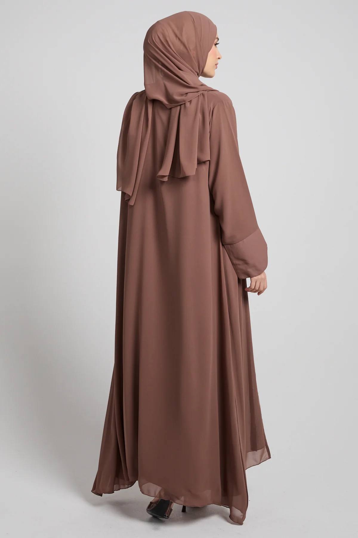 Premium Signature Cuff Chiffon Open Abaya - Mocha Taupe - Image 4