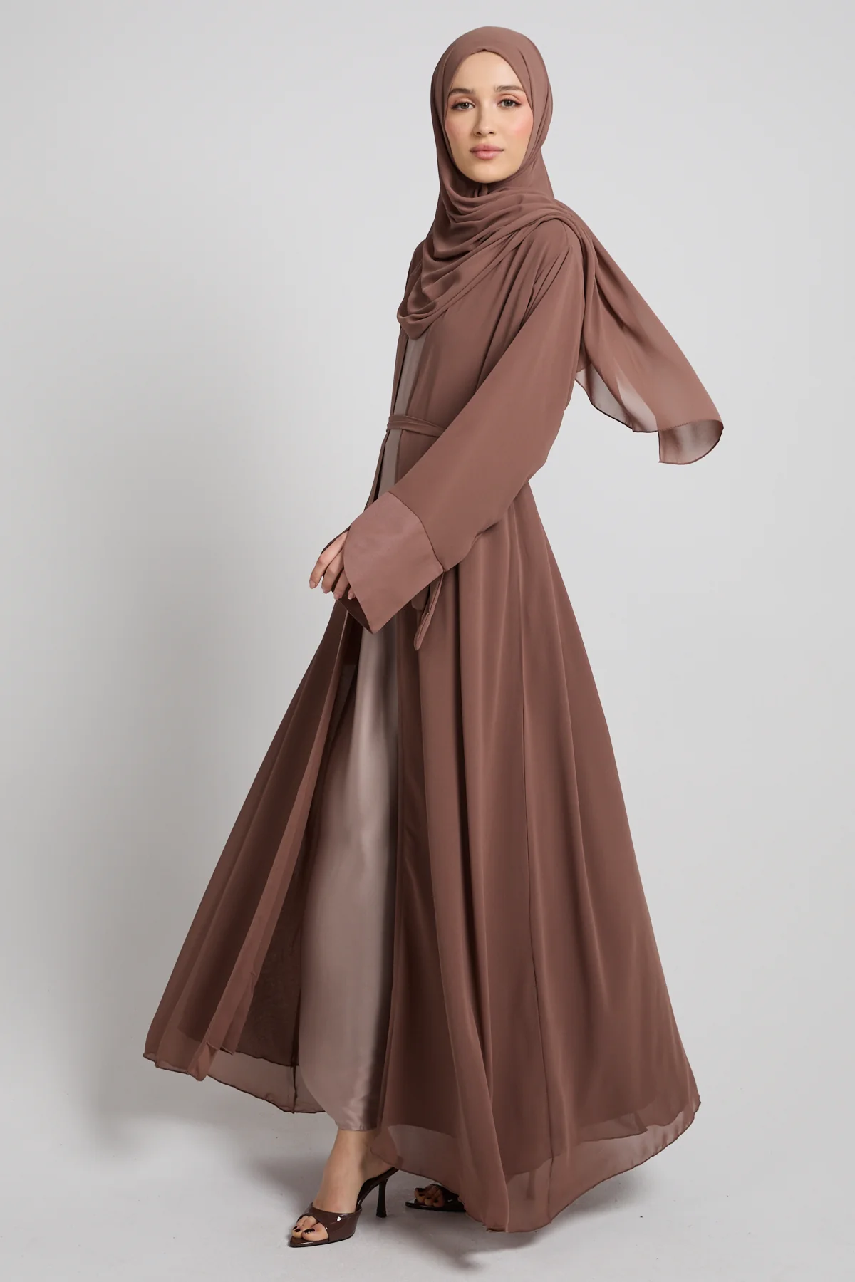 Premium Signature Cuff Chiffon Open Abaya - Mocha Taupe - Image 5