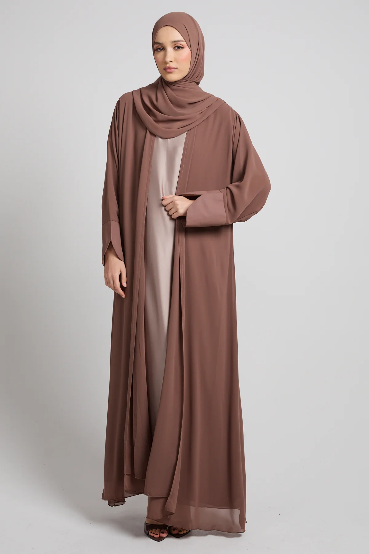 Premium Signature Cuff Chiffon Open Abaya - Mocha Taupe - Image 7