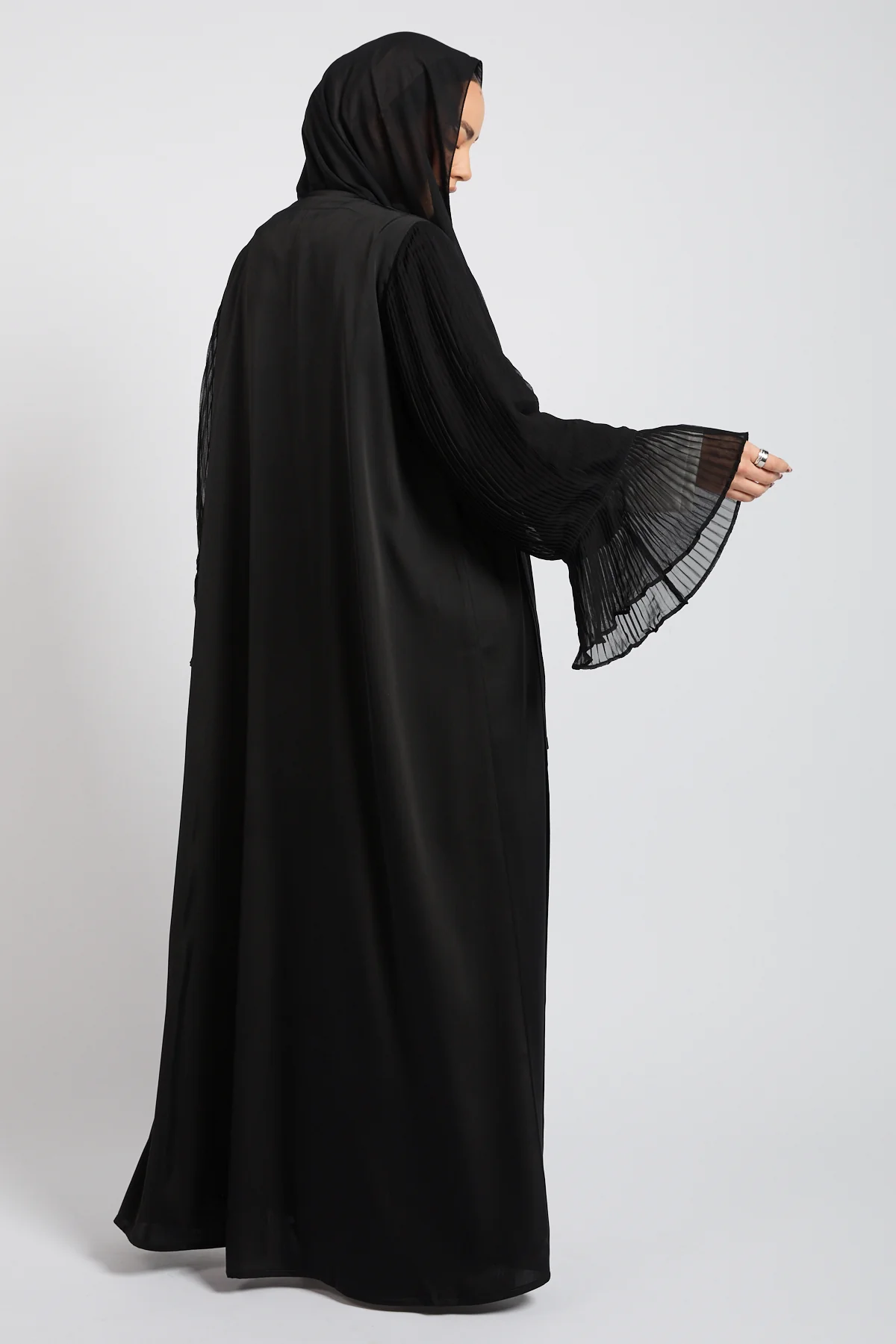 Premium Signature Pleated Bell Sleeve Open Abaya – Black - Image 4