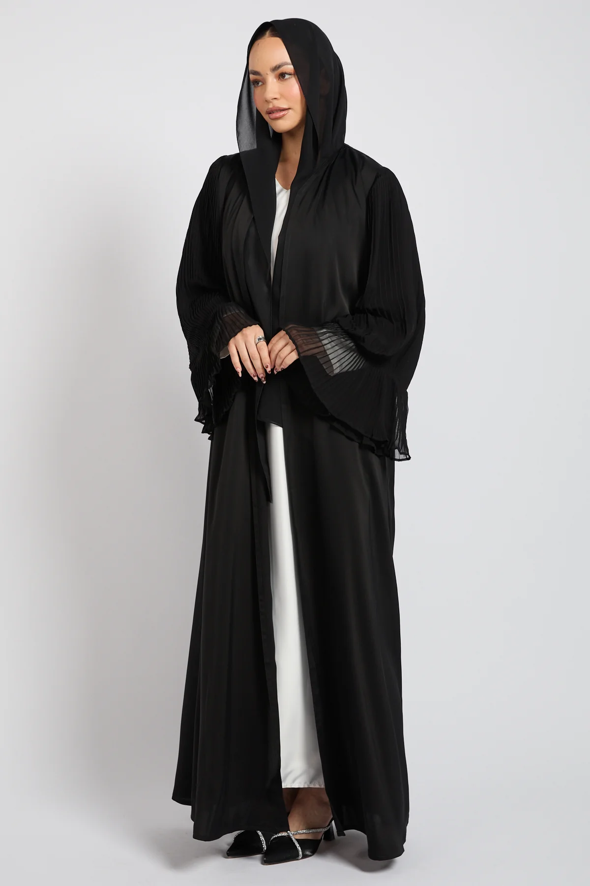 Premium Signature Pleated Bell Sleeve Open Abaya – Black - Image 5