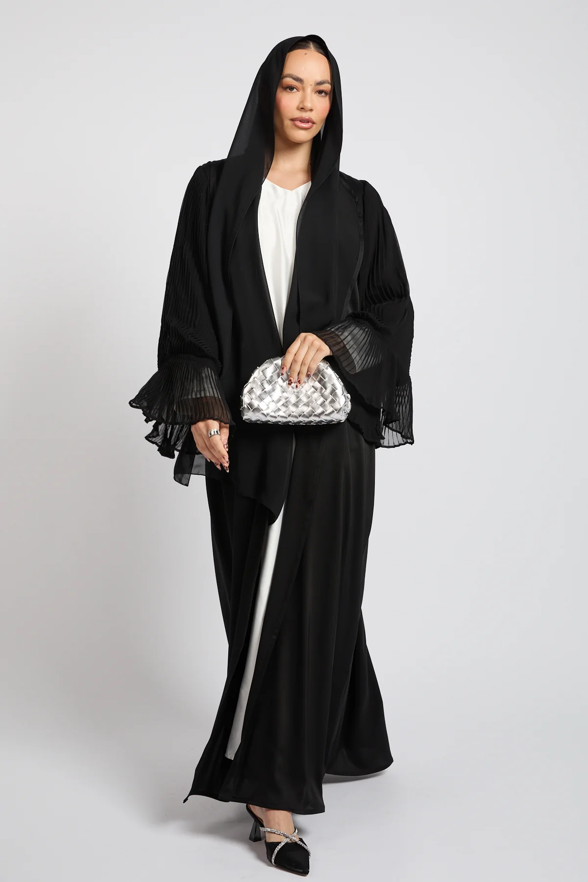 Premium Signature Pleated Bell Sleeve Open Abaya – Black - Image 6