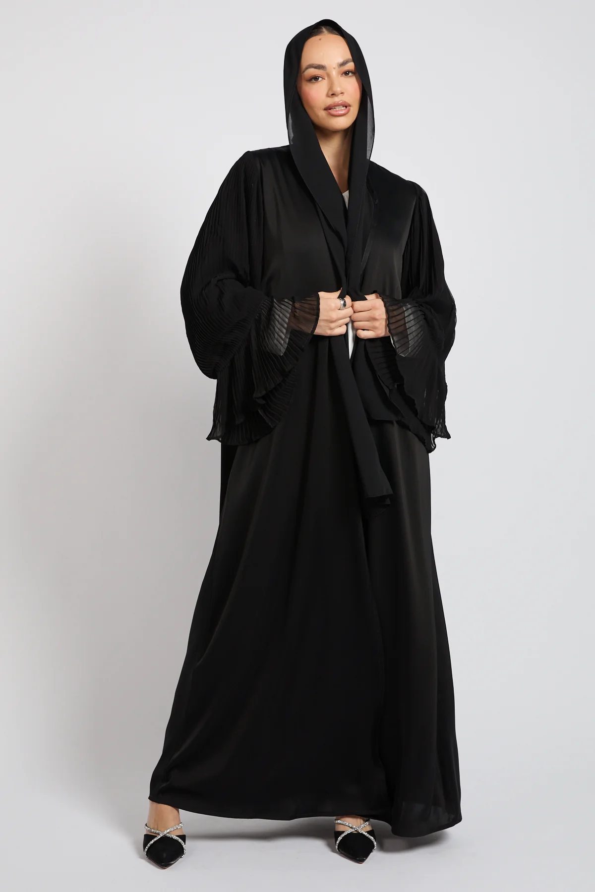 Premium Signature Pleated Bell Sleeve Open Abaya – Black - Image 8