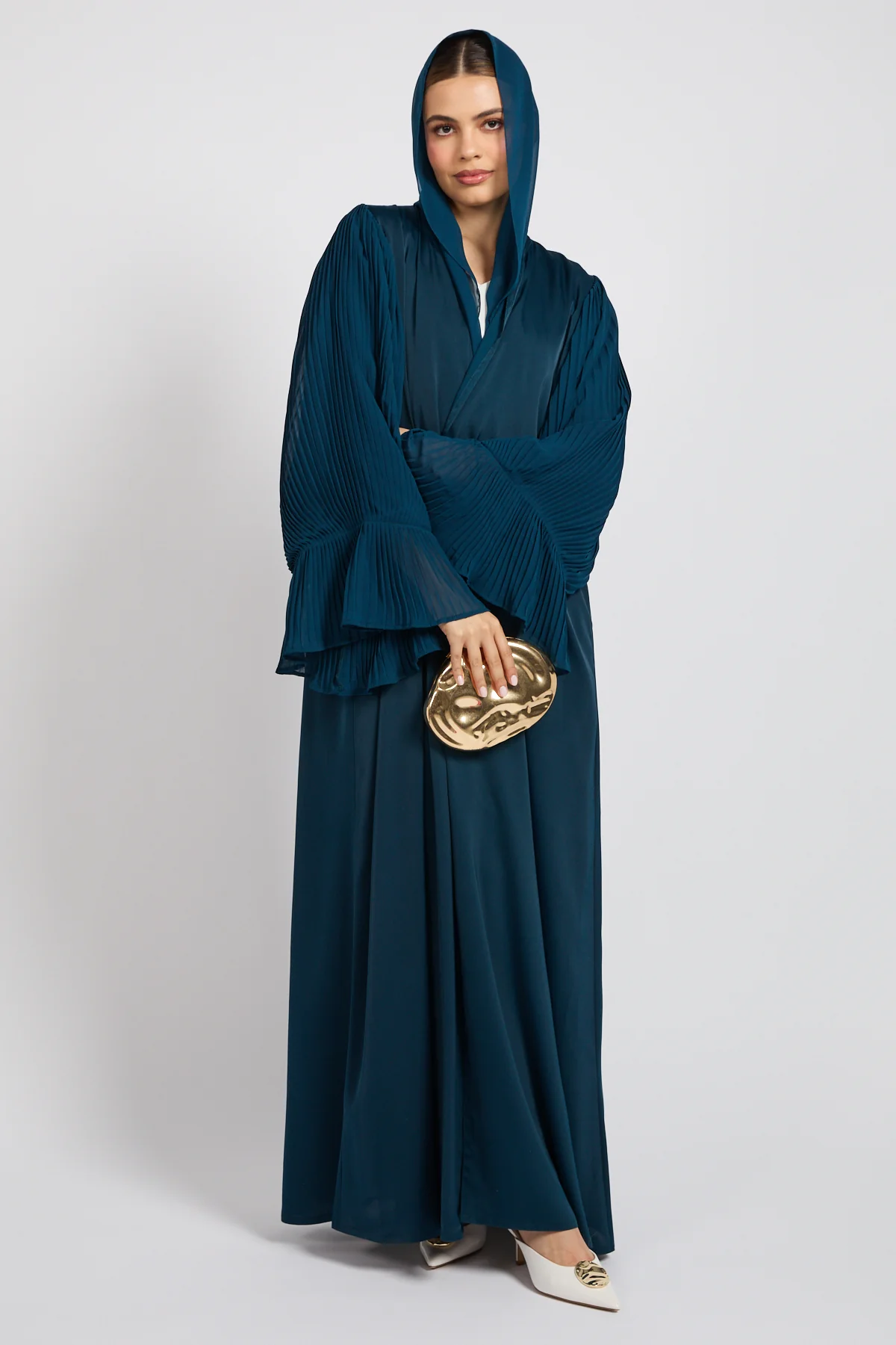 Premium Signature Pleated Bell Sleeve Open Abaya – Deep Teal - Image 3