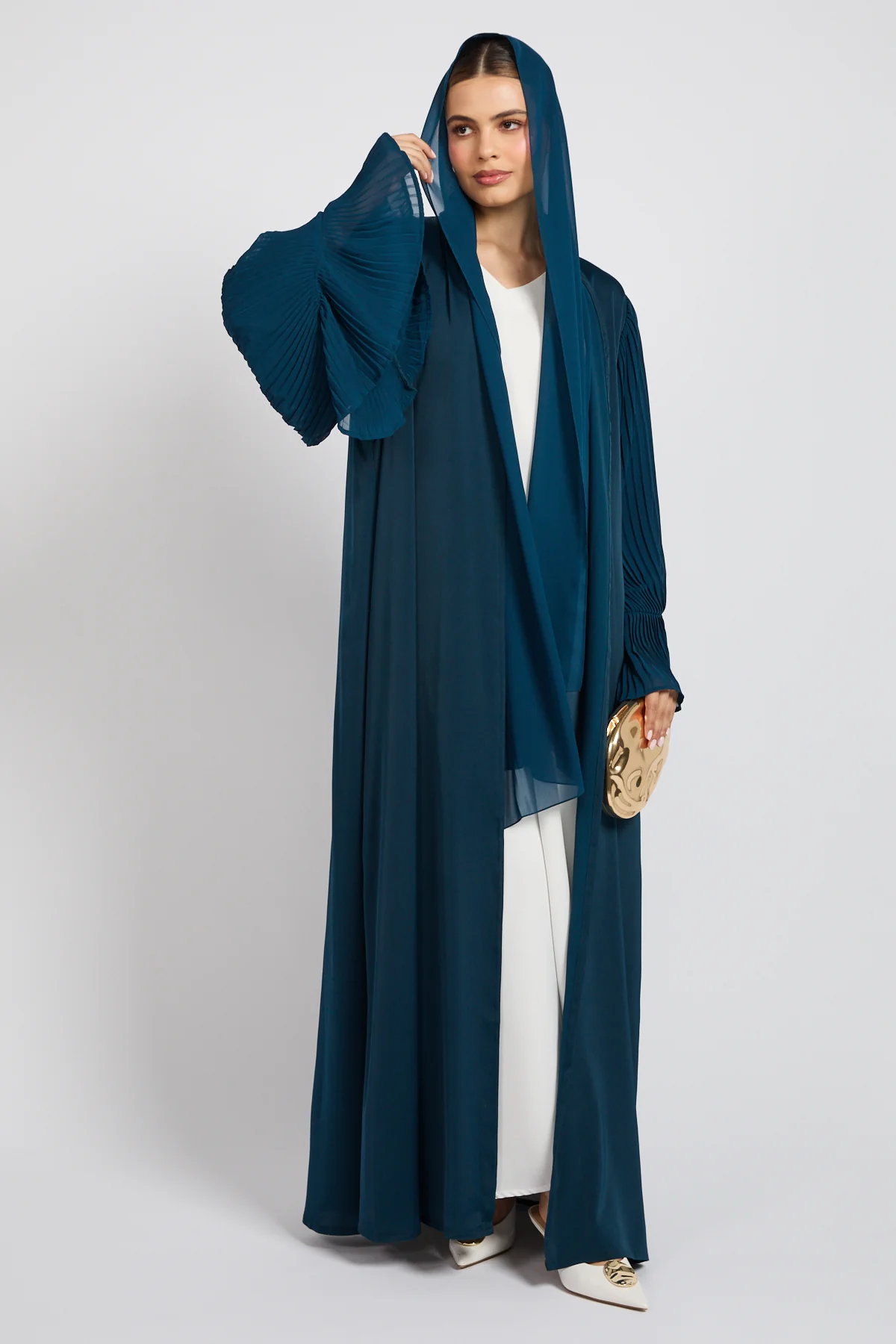 Premium Signature Pleated Bell Sleeve Open Abaya – Deep Teal - Image 4