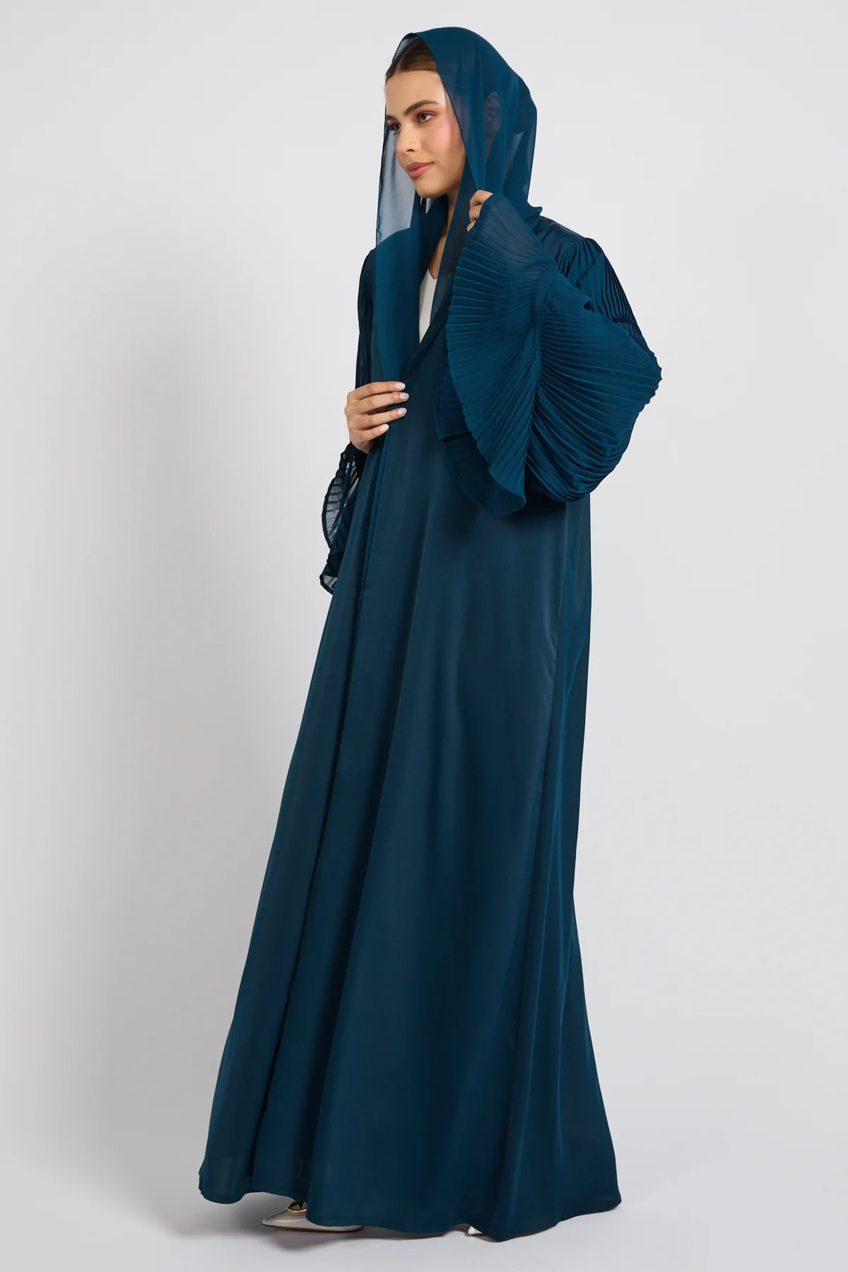 Premium Signature Pleated Bell Sleeve Open Abaya – Deep Teal - Image 5