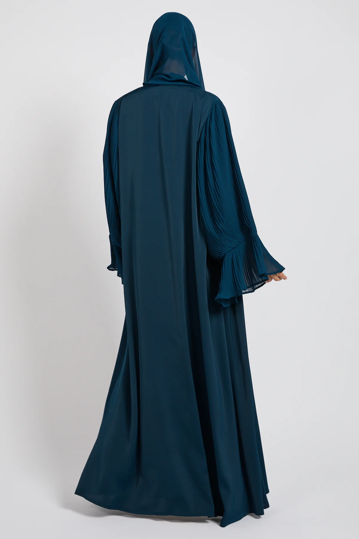 Premium Signature Pleated Bell Sleeve Open Abaya – Deep Teal - Image 6