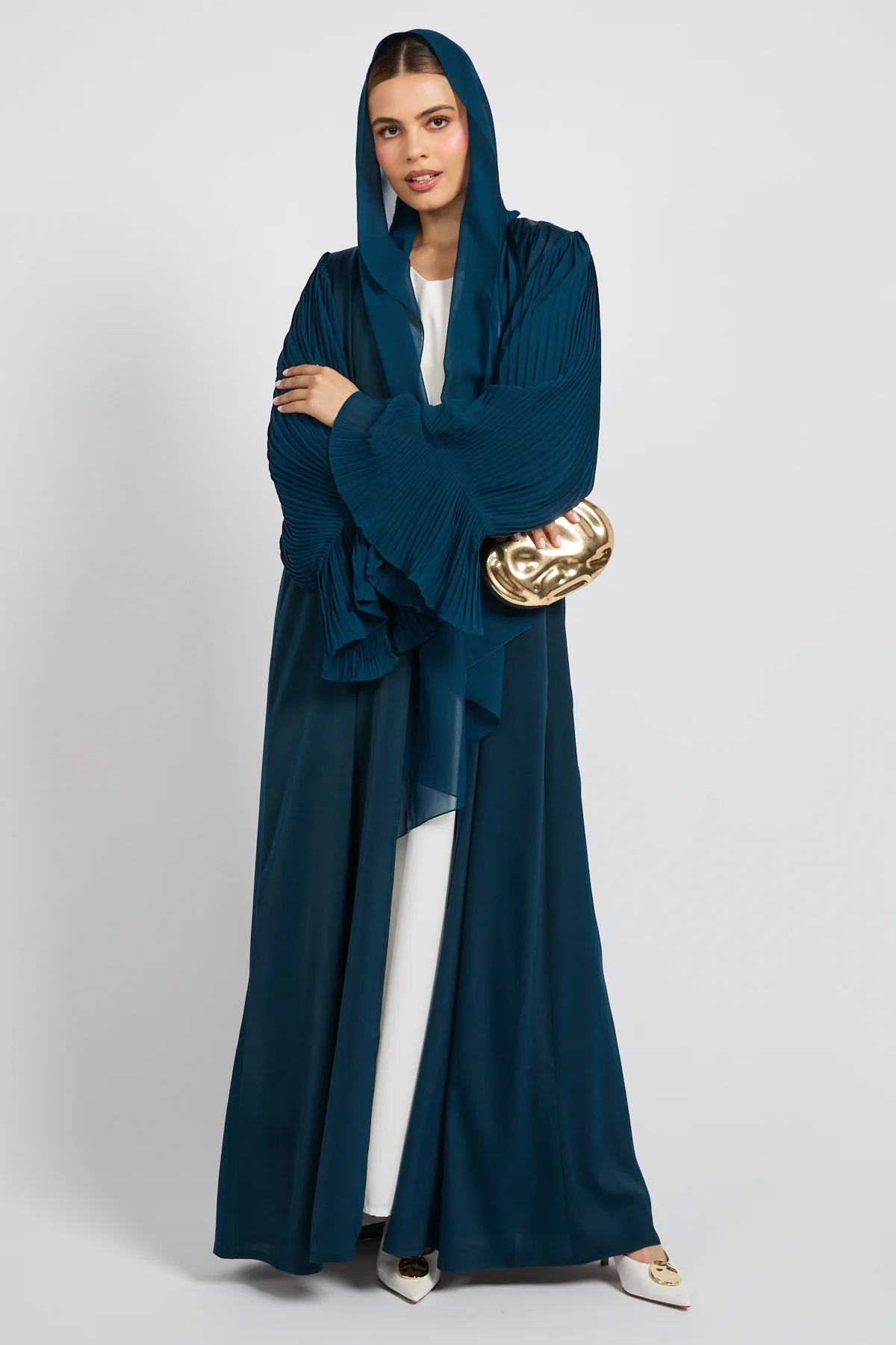 Premium Signature Pleated Bell Sleeve Open Abaya – Deep Teal - Image 7