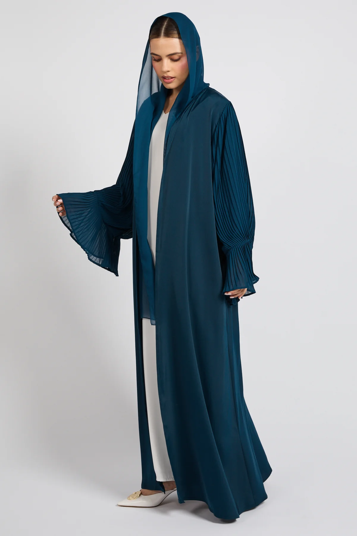 Premium Signature Pleated Bell Sleeve Open Abaya – Deep Teal - Image 8