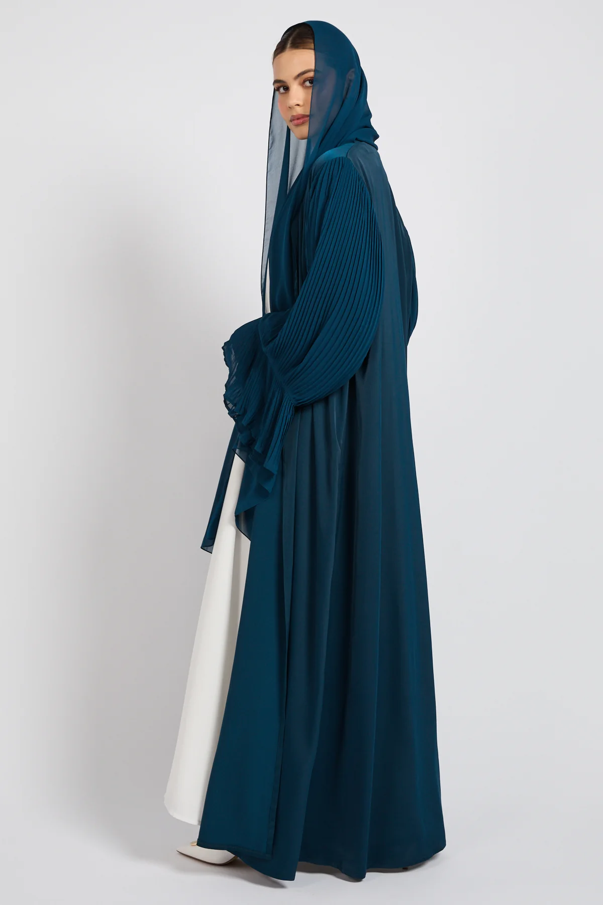 Premium Signature Pleated Bell Sleeve Open Abaya – Deep Teal - Image 9