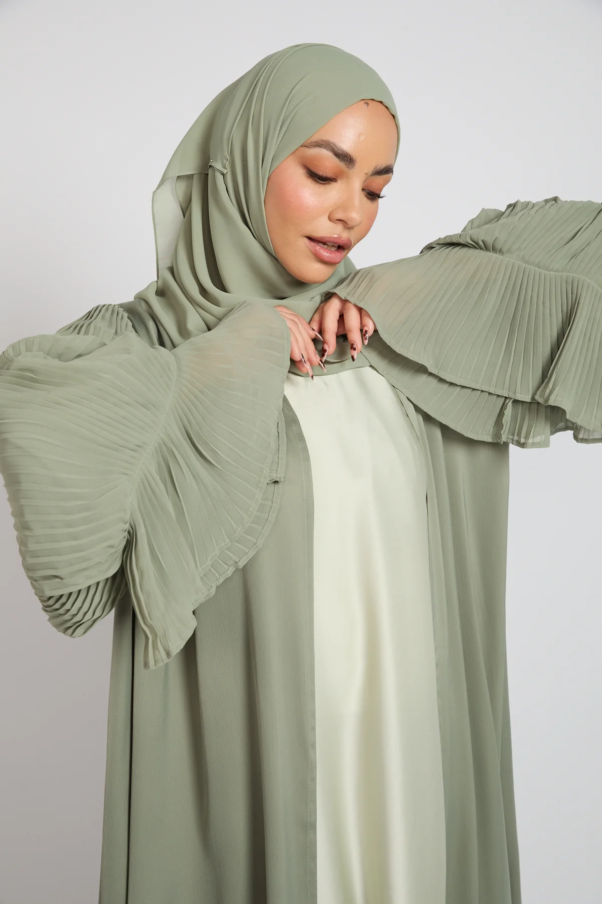Premium Signature Pleated Bell Sleeve Open Abaya – Sage - Image 2