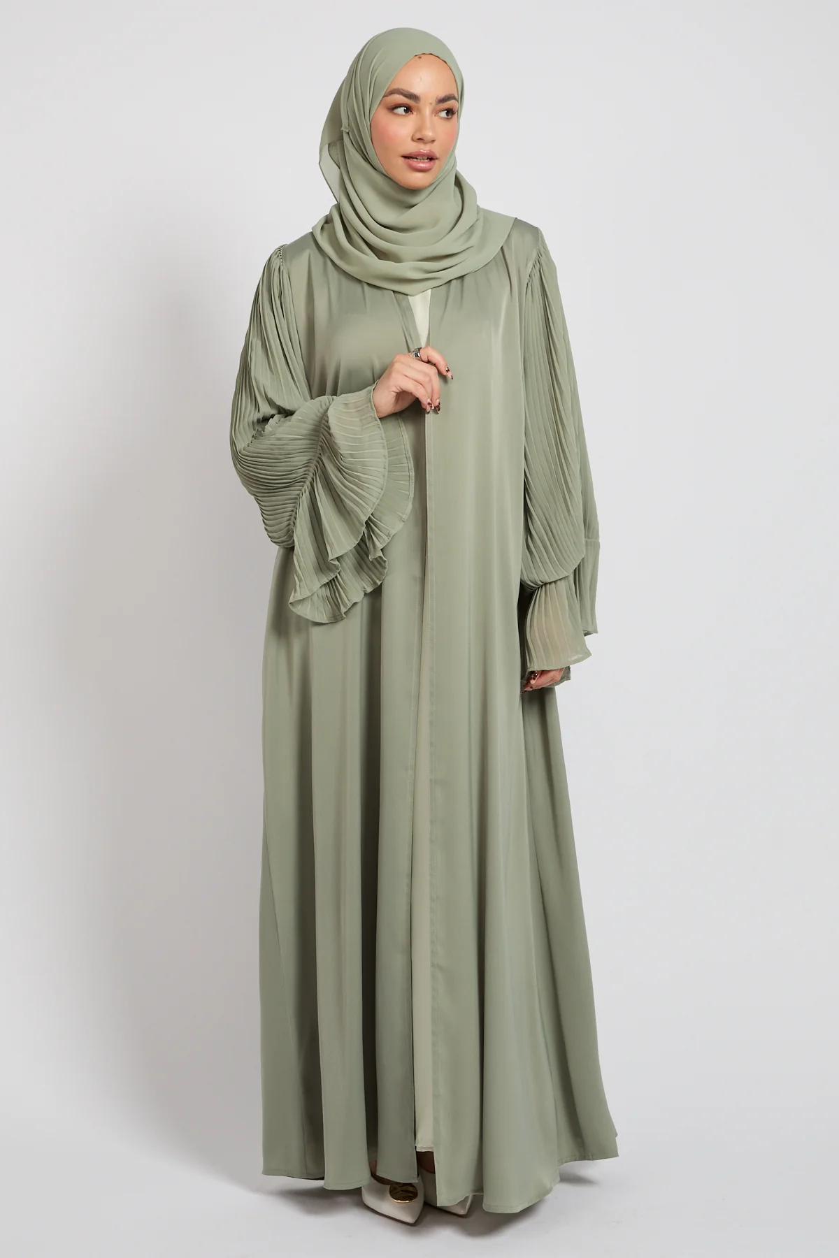 Premium Signature Pleated Bell Sleeve Open Abaya – Sage - Image 3