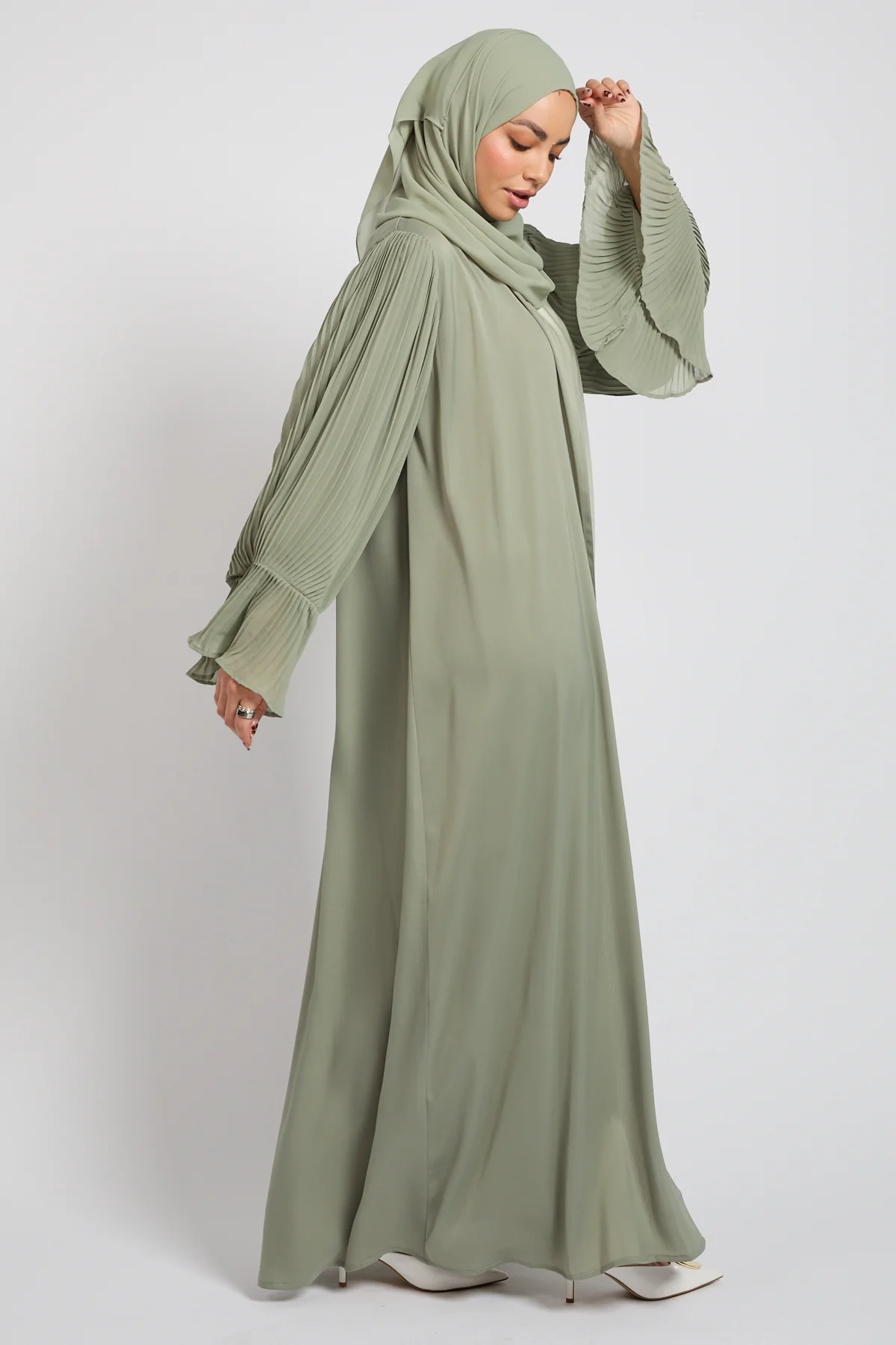 Premium Signature Pleated Bell Sleeve Open Abaya – Sage - Image 4