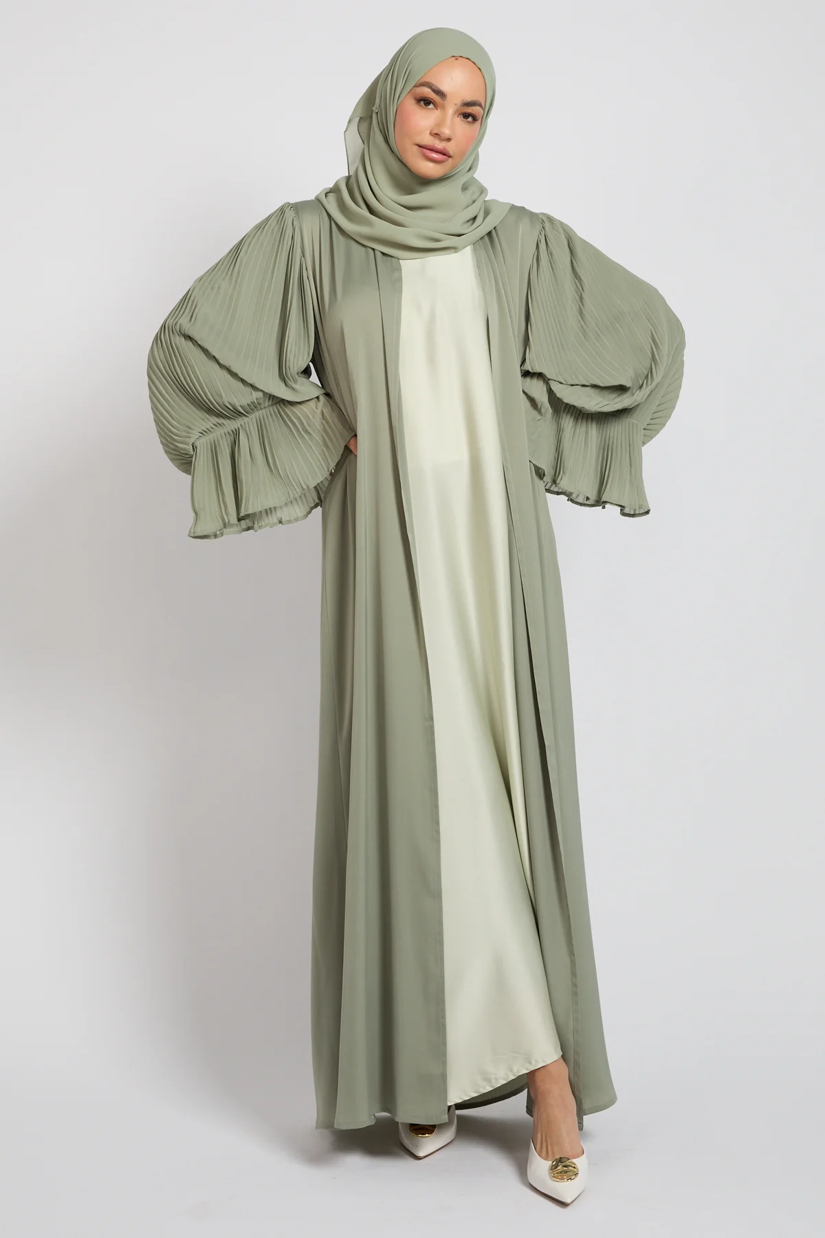 Premium Signature Pleated Bell Sleeve Open Abaya – Sage - Image 5